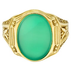 Art Deco Egyptian Revival Chrysoprase 14 Karat Gold Lotus Unisex Signet Ring