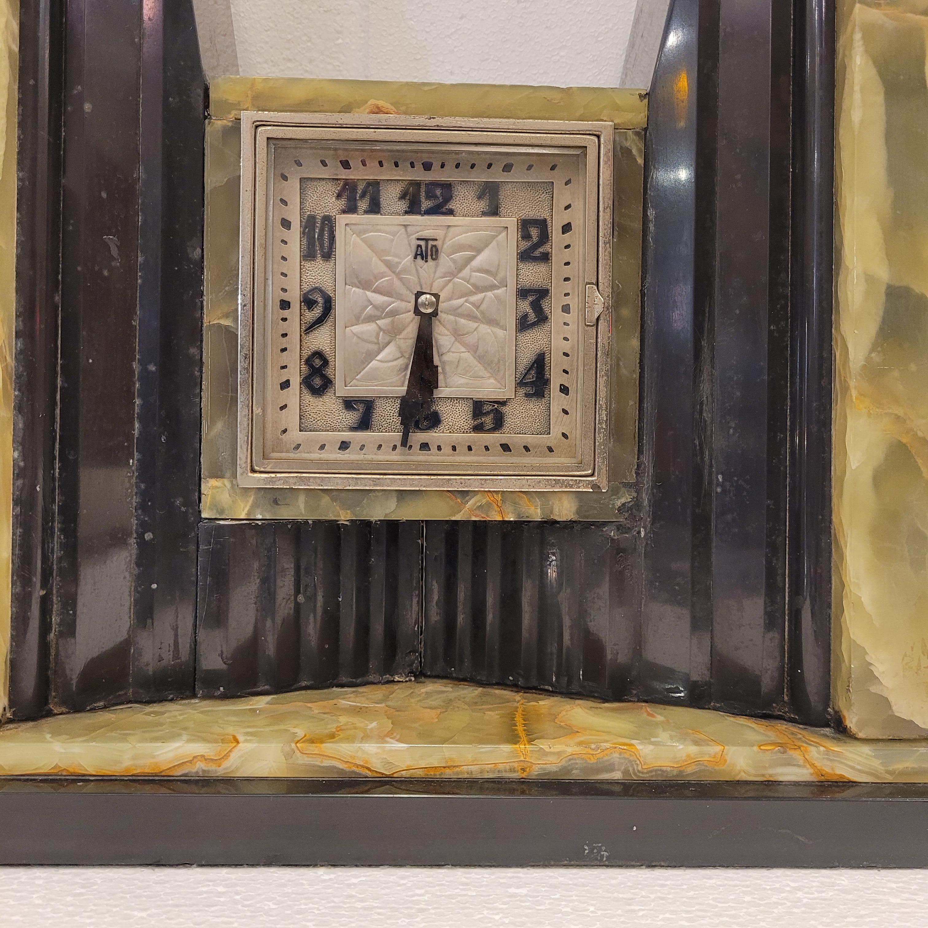 Art Deco Egyptian Revival Clock and Obelisks by ATO For Sale 5