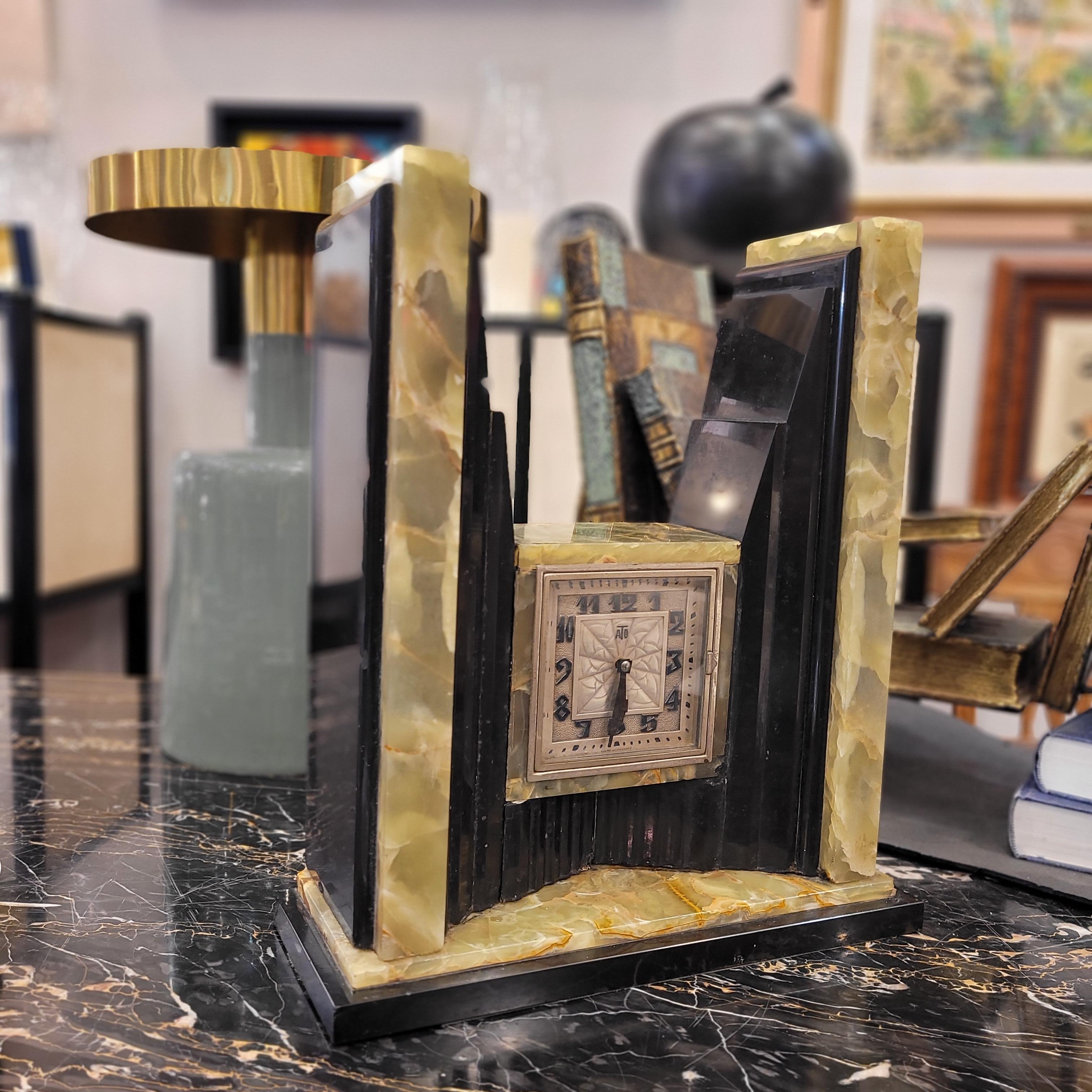 Art Deco Egyptian Revival Clock and Obelisks by ATO For Sale 10