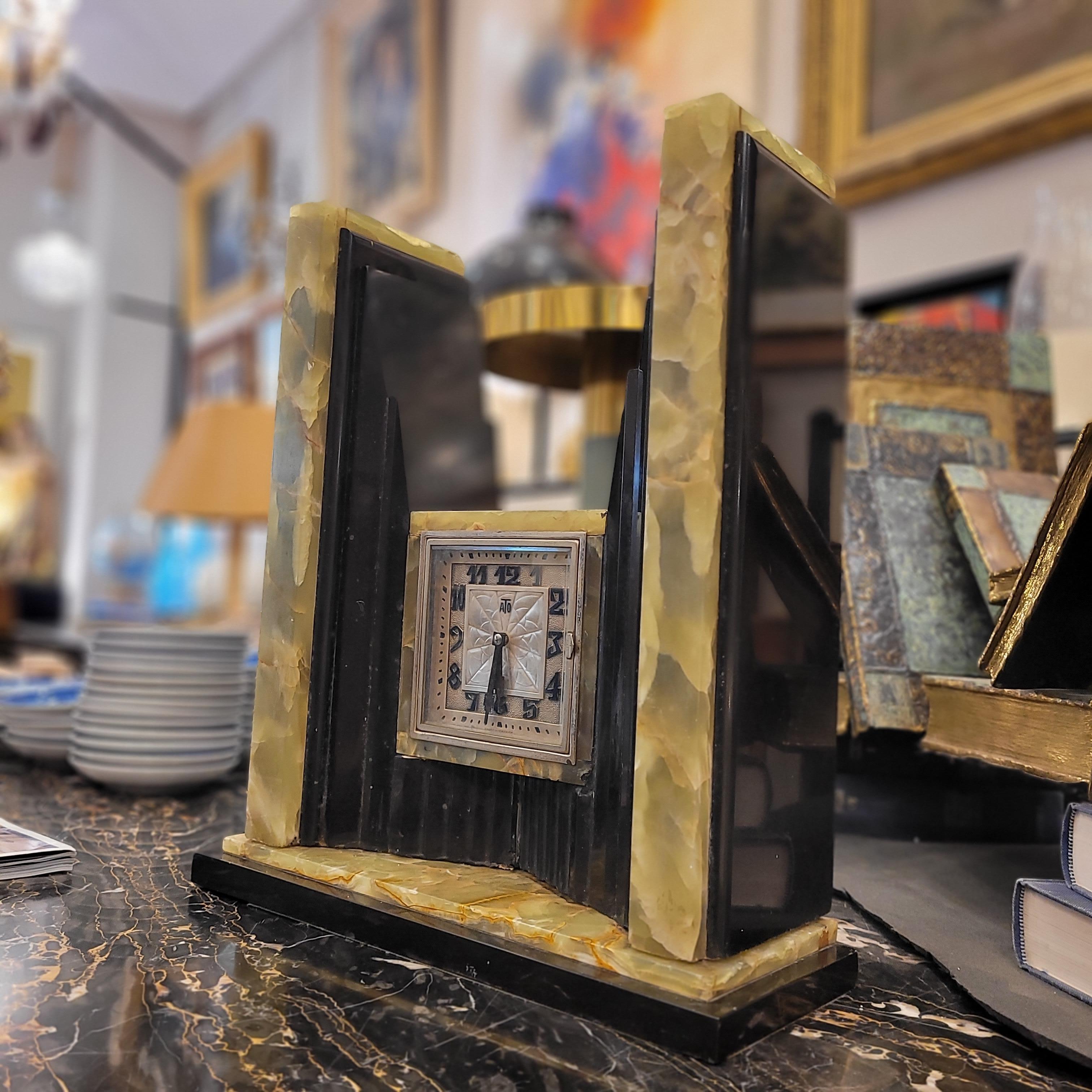 Art Deco Egyptian Revival Clock and Obelisks by ATO For Sale 11