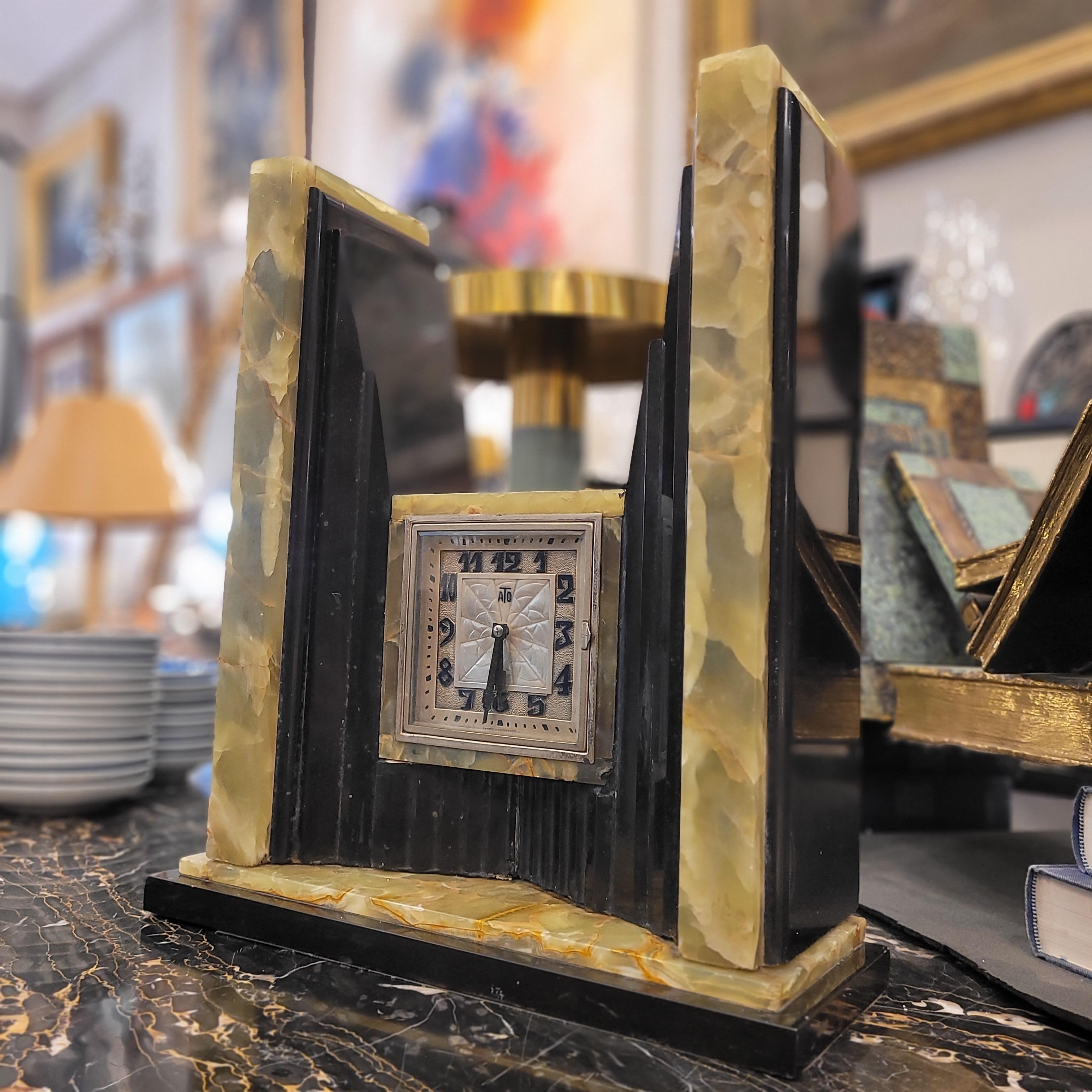 Art Deco Egyptian Revival Clock and Obelisks by ATO For Sale 12