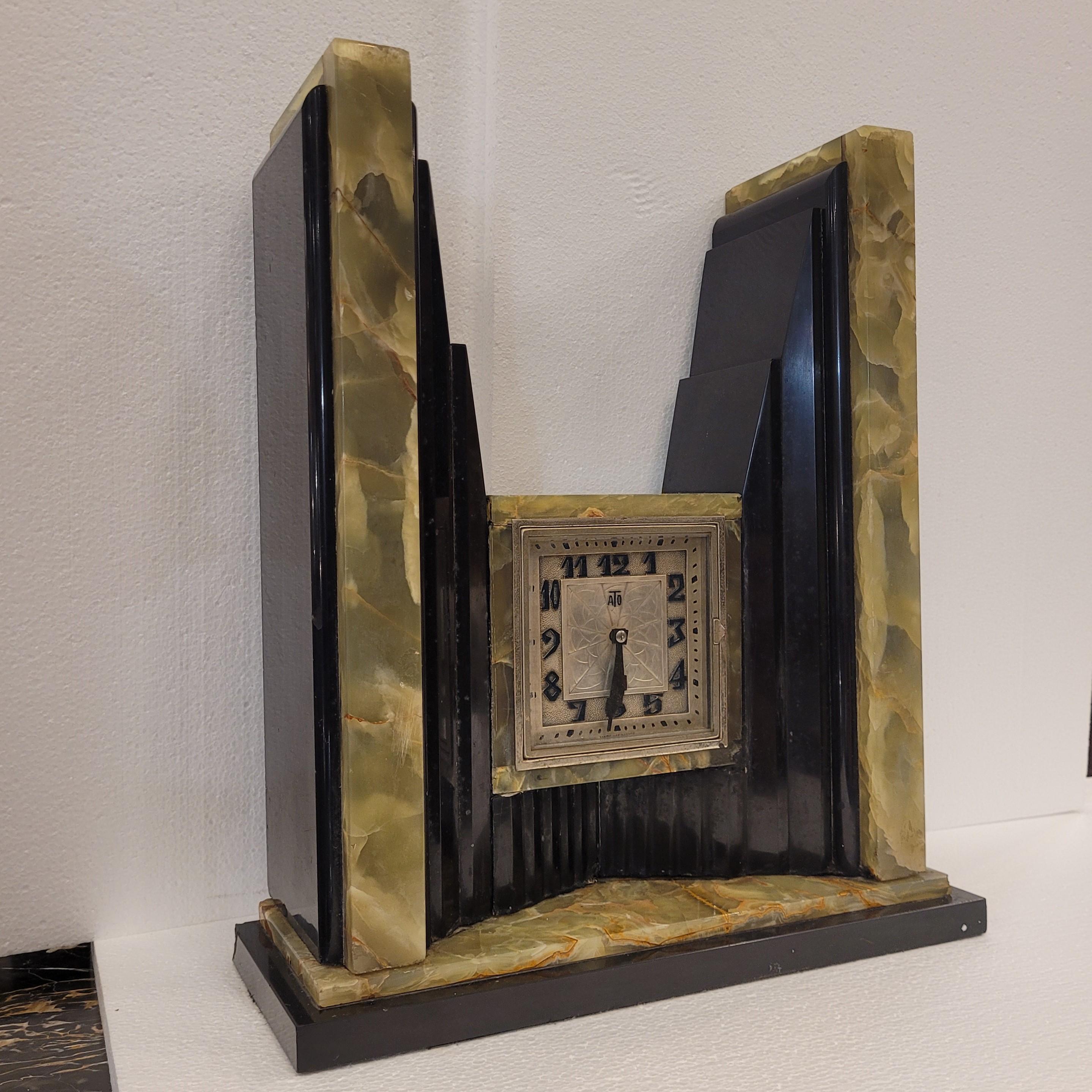 French Art Deco Egyptian Revival Clock and Obelisks by ATO For Sale