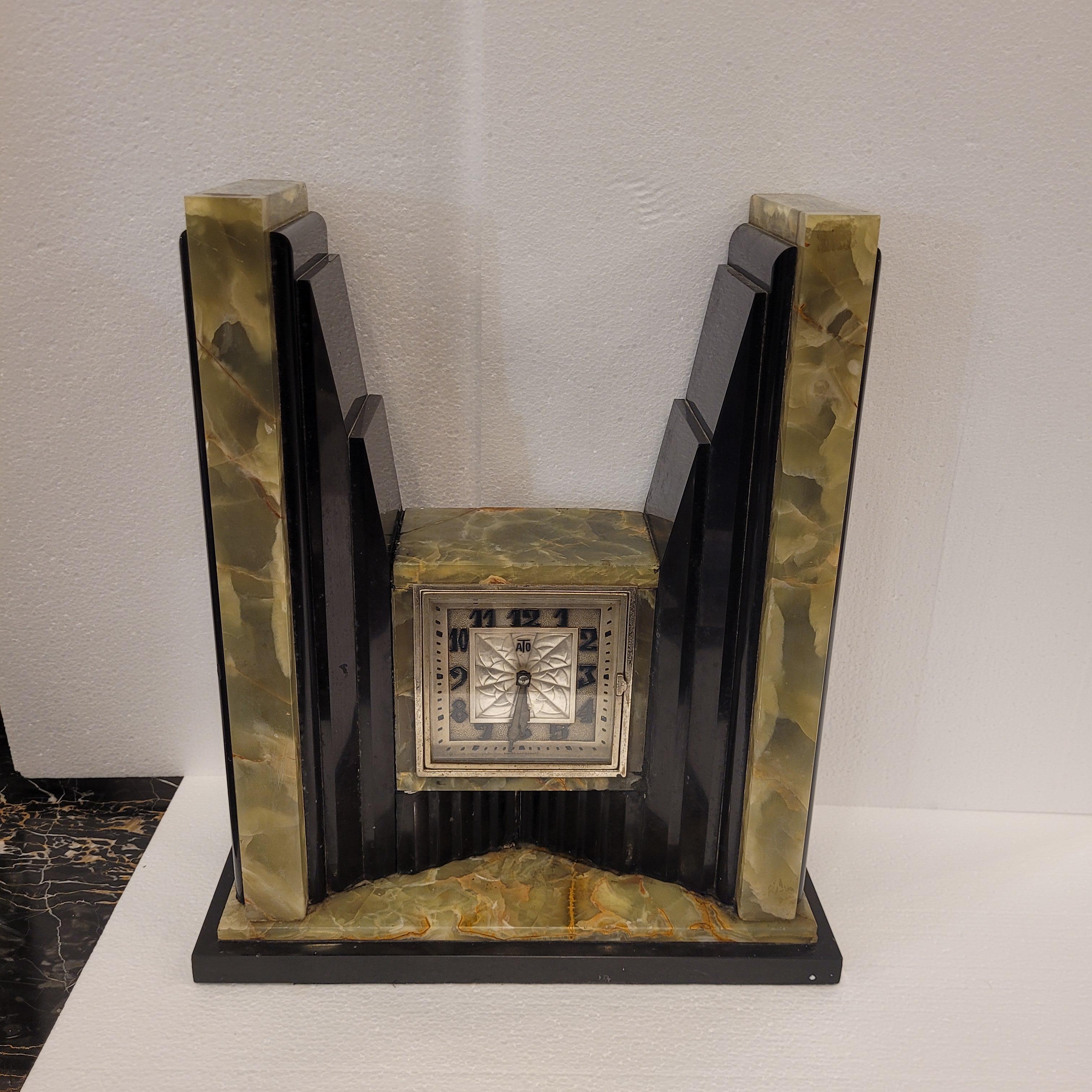 Hand-Crafted Art Deco Egyptian Revival Clock and Obelisks by ATO For Sale