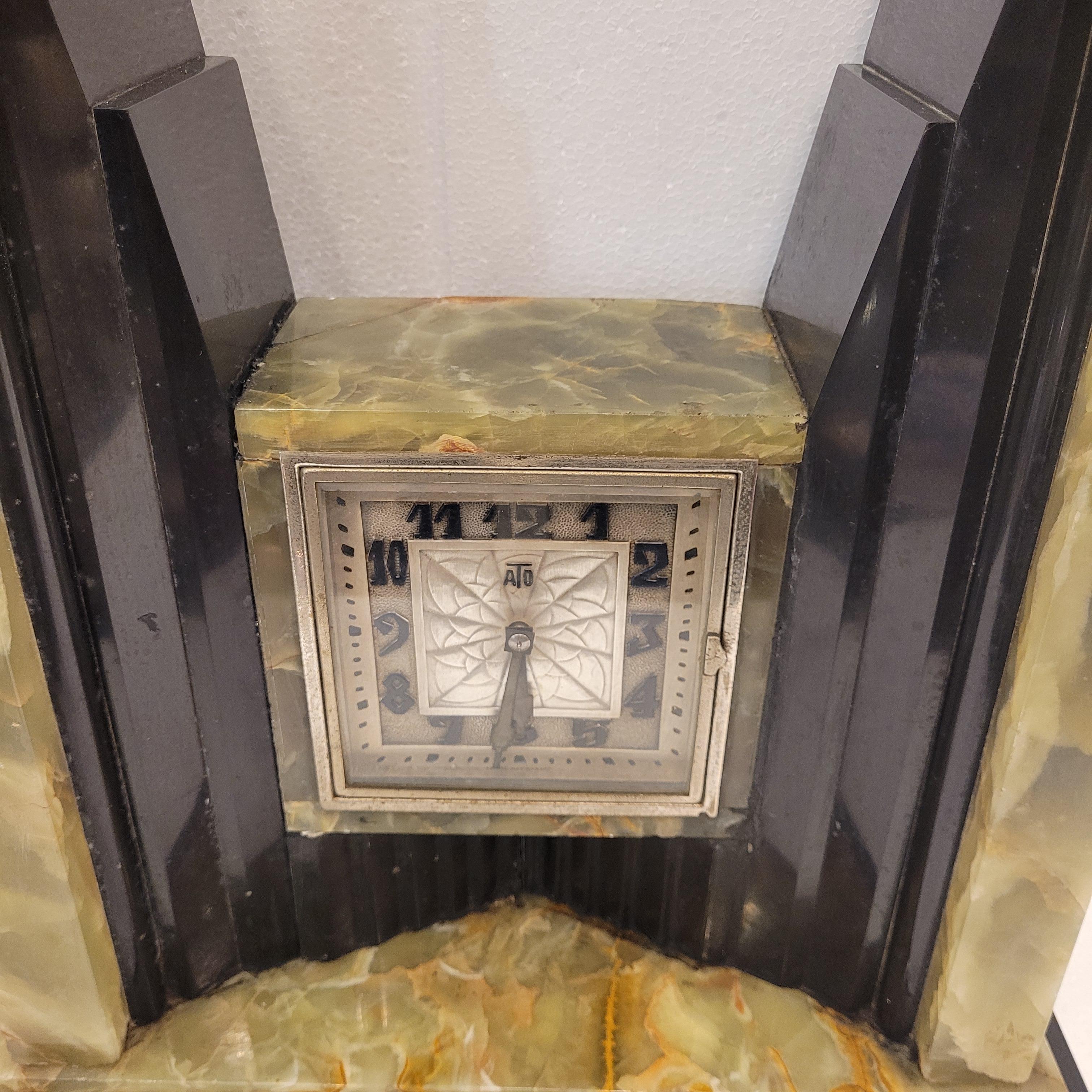 Onyx Art Deco Egyptian Revival Clock and Obelisks by ATO For Sale
