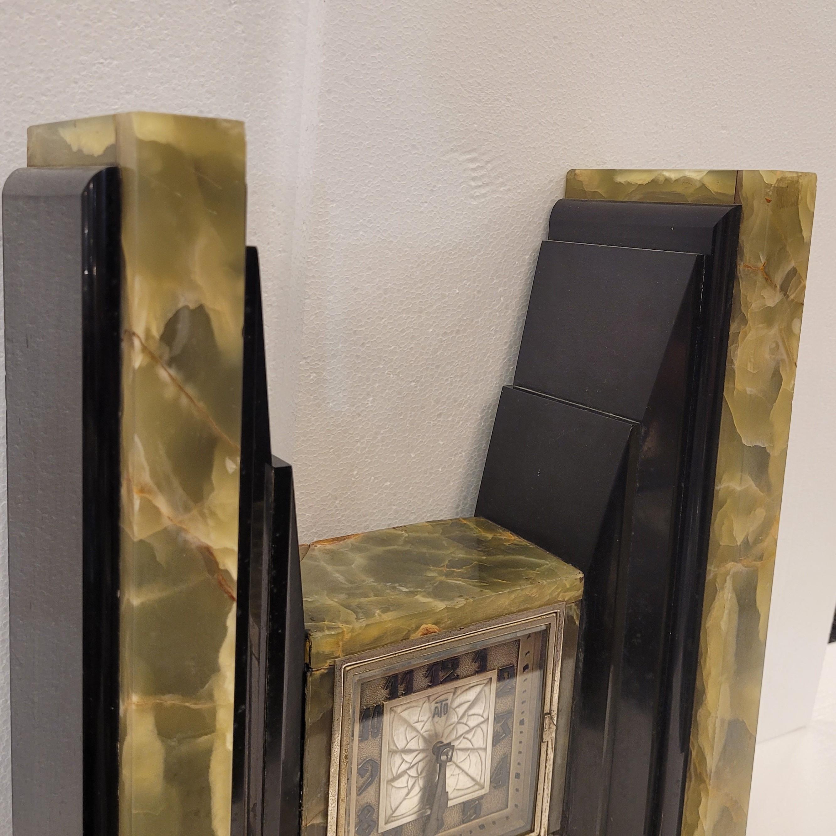 Art Deco Egyptian Revival Clock and Obelisks by ATO For Sale 1