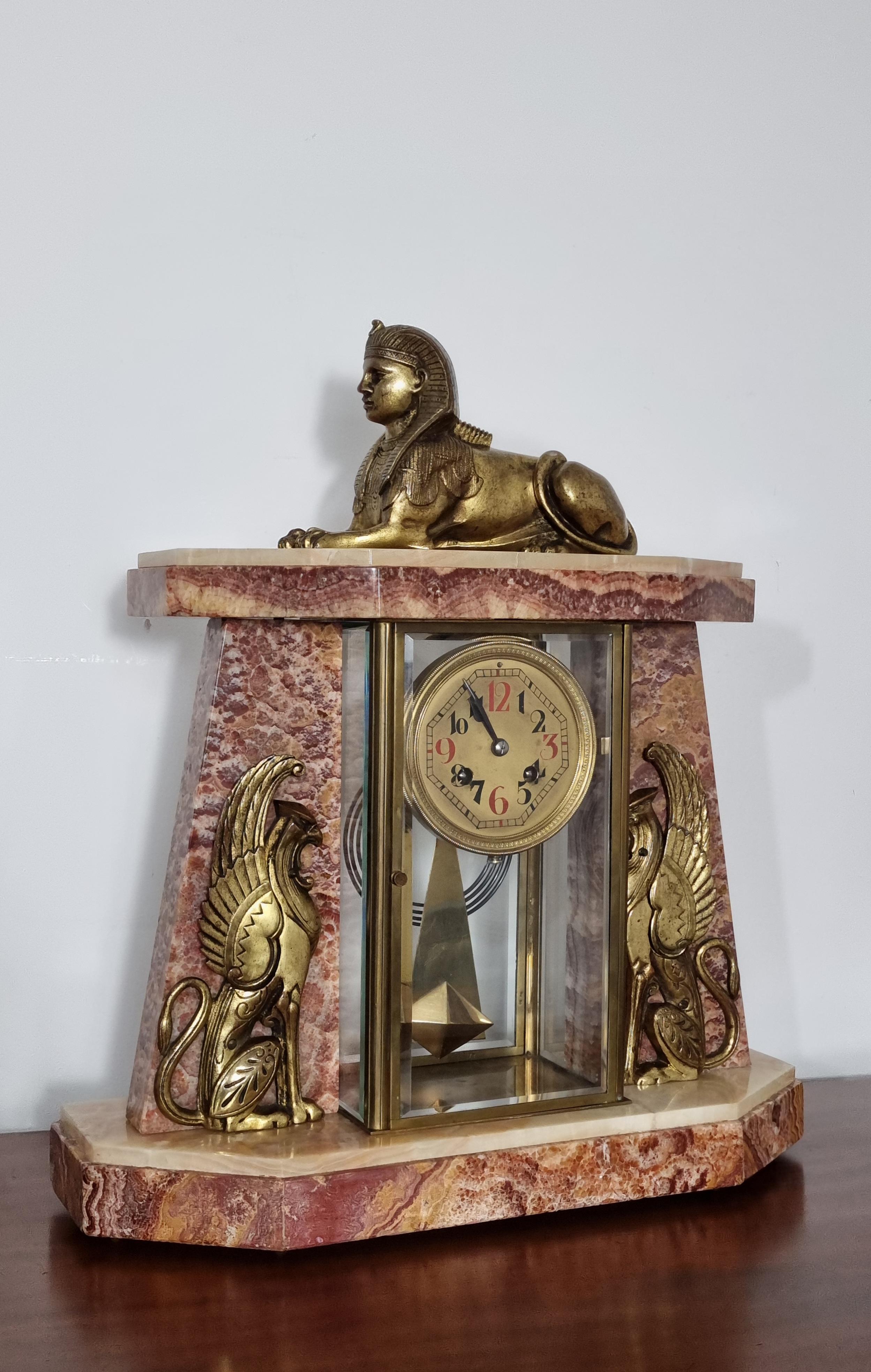 Art Deco Egyptian Revival Clock Set with Pair of Obelisks For Sale 6