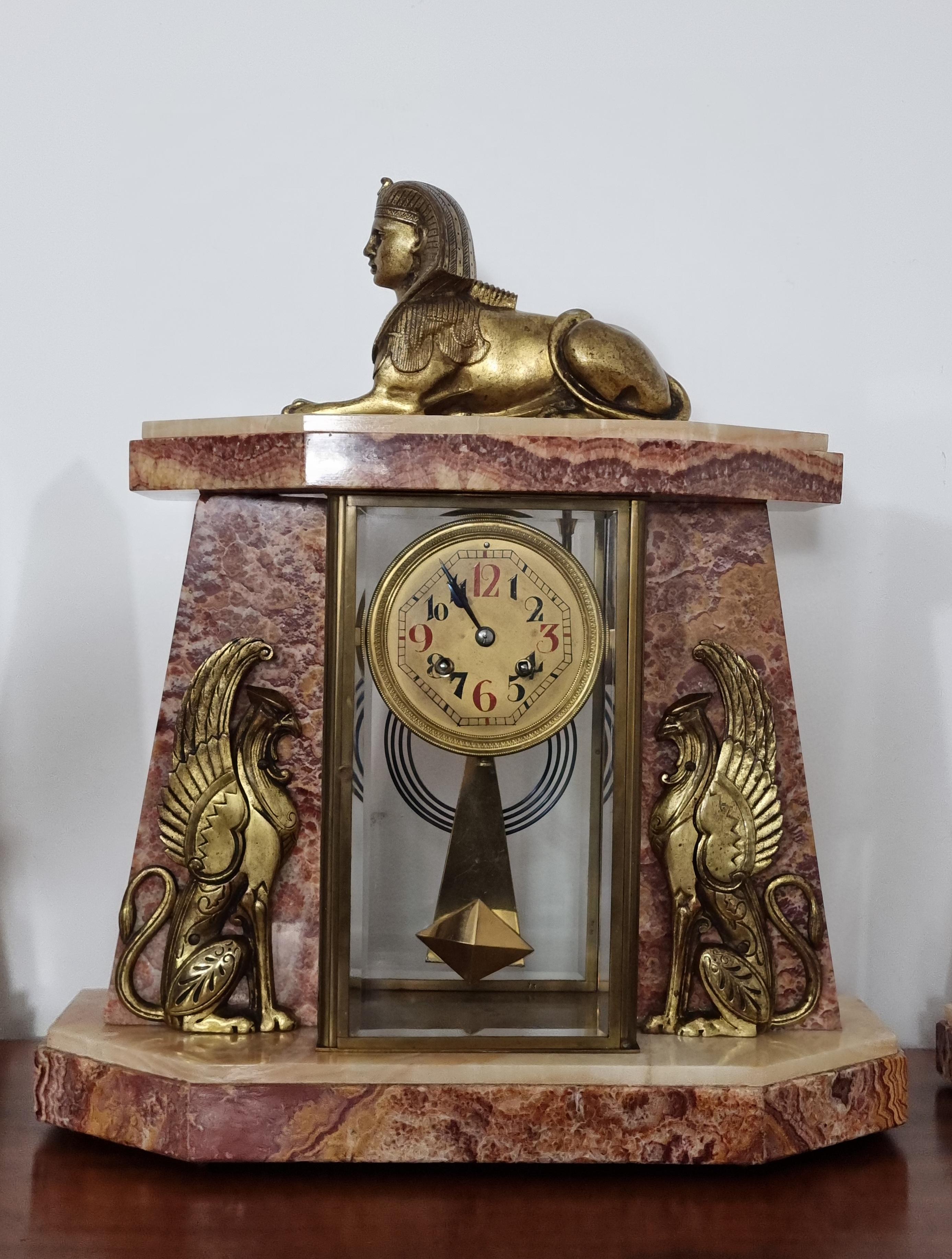 French Art Deco Egyptian Revival Clock Set with Pair of Obelisks For Sale