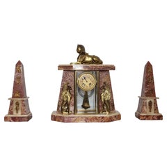 Art Deco Egyptian Revival Clock Set with Pair of Obelisks