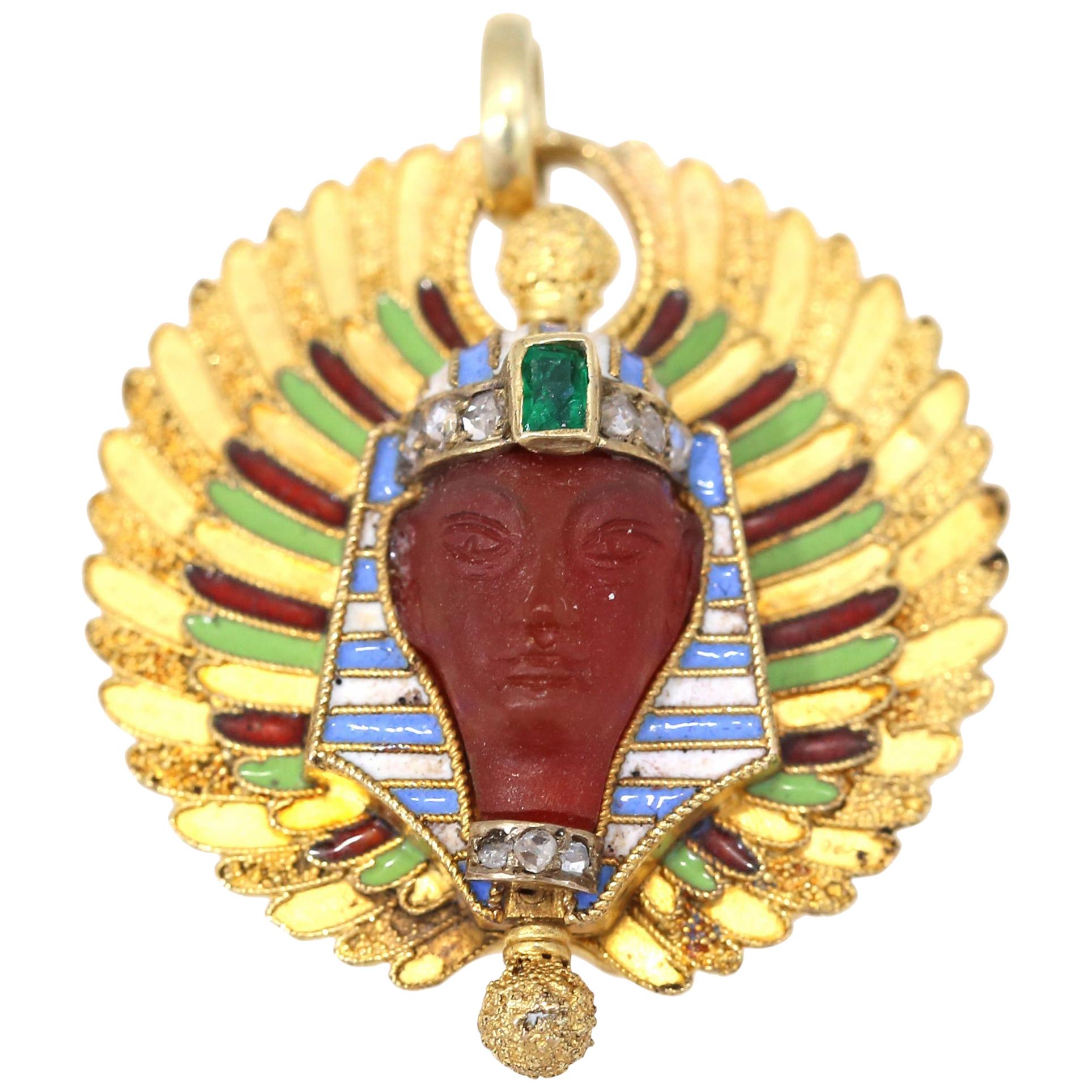 Art Deco Egyptian Revival Cornelian Emerald Gold Pendant