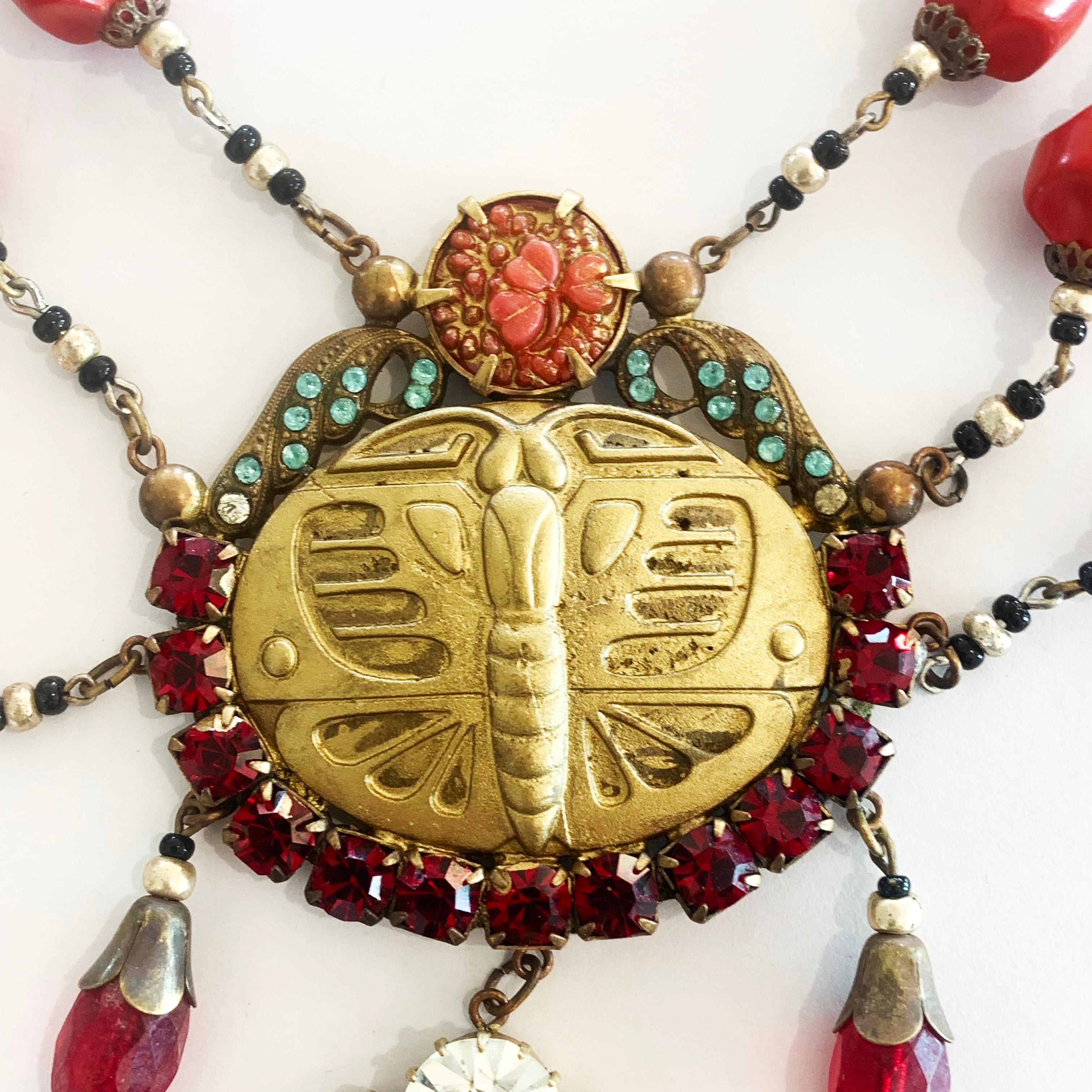 Art Deco Egyptian Revival Czech Glass Necklace Moth Butterfly In Good Condition In Daylesford, Victoria