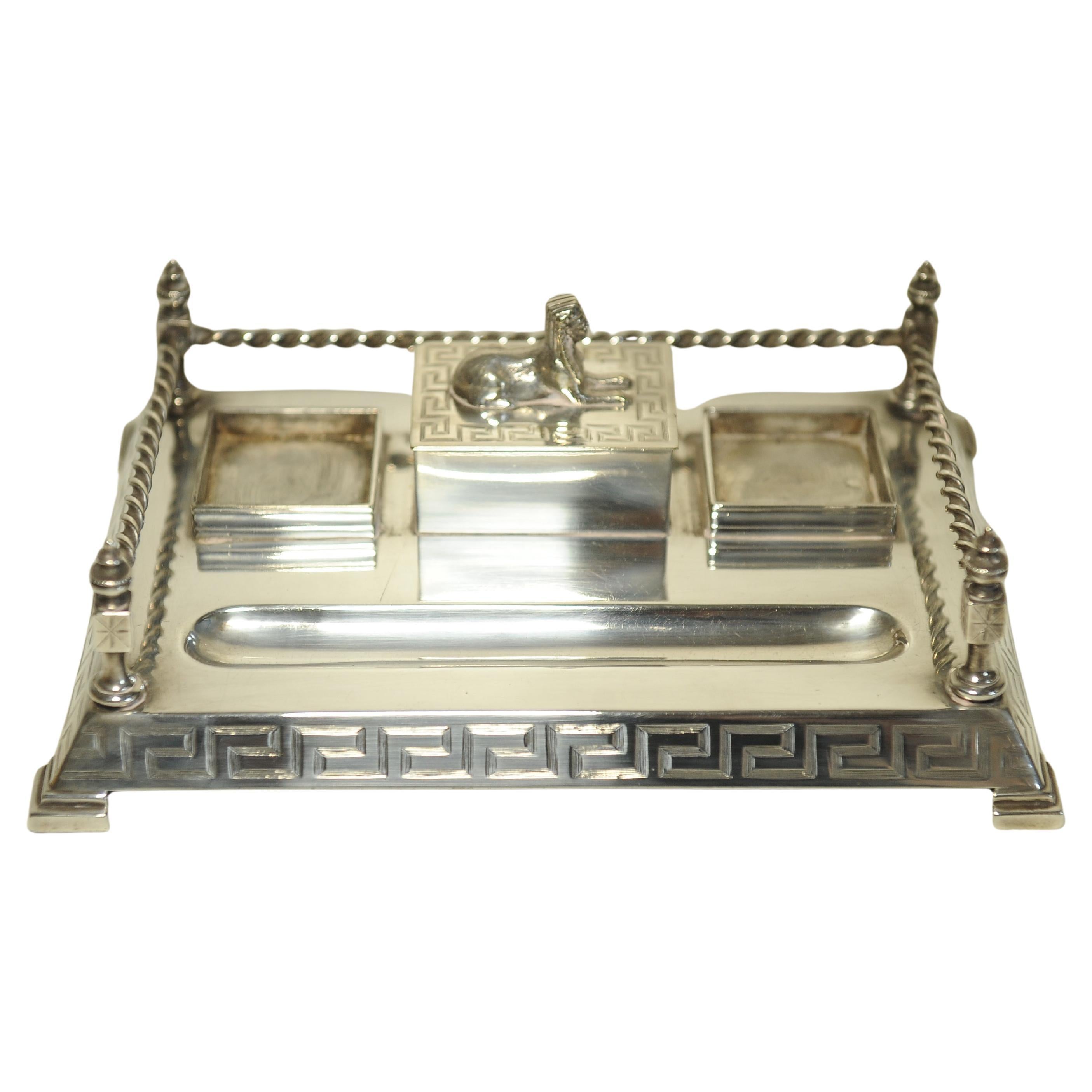 Art Deco Egyptian Revival Desk Stand, Two Cut Glass Inkwells With A Pen Tray For Sale 5