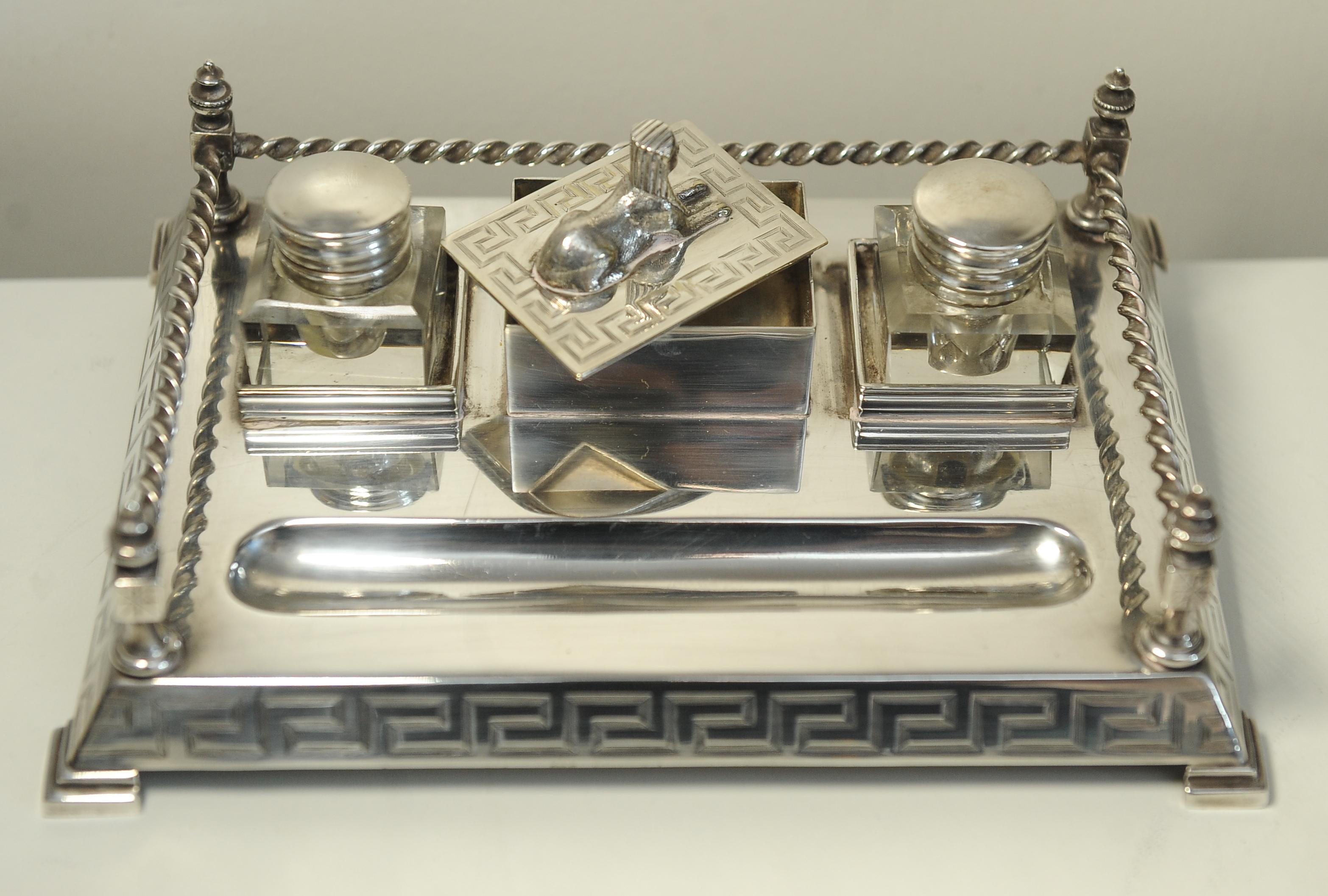 Art Deco Egyptian Revival Desk Stand, Two Cut Glass Inkwells With A Pen Tray For Sale 6