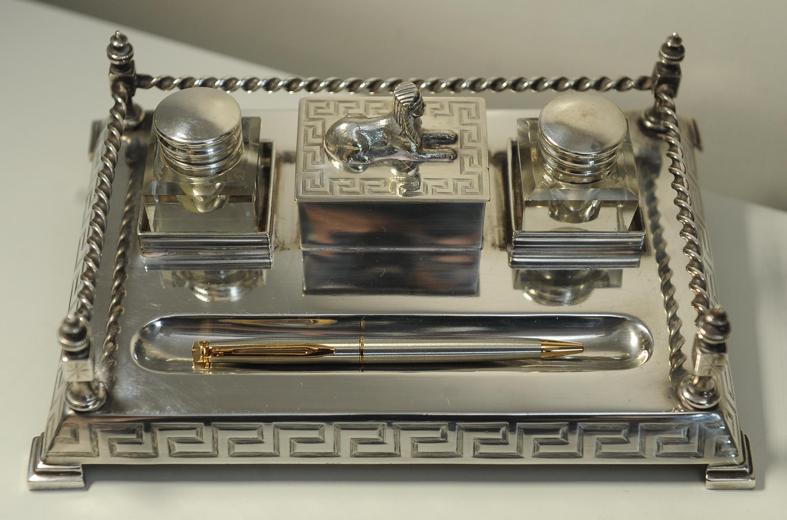 Art Deco Egyptian Revival Desk Stand, Two Cut Glass Inkwells With A Pen Tray For Sale 7