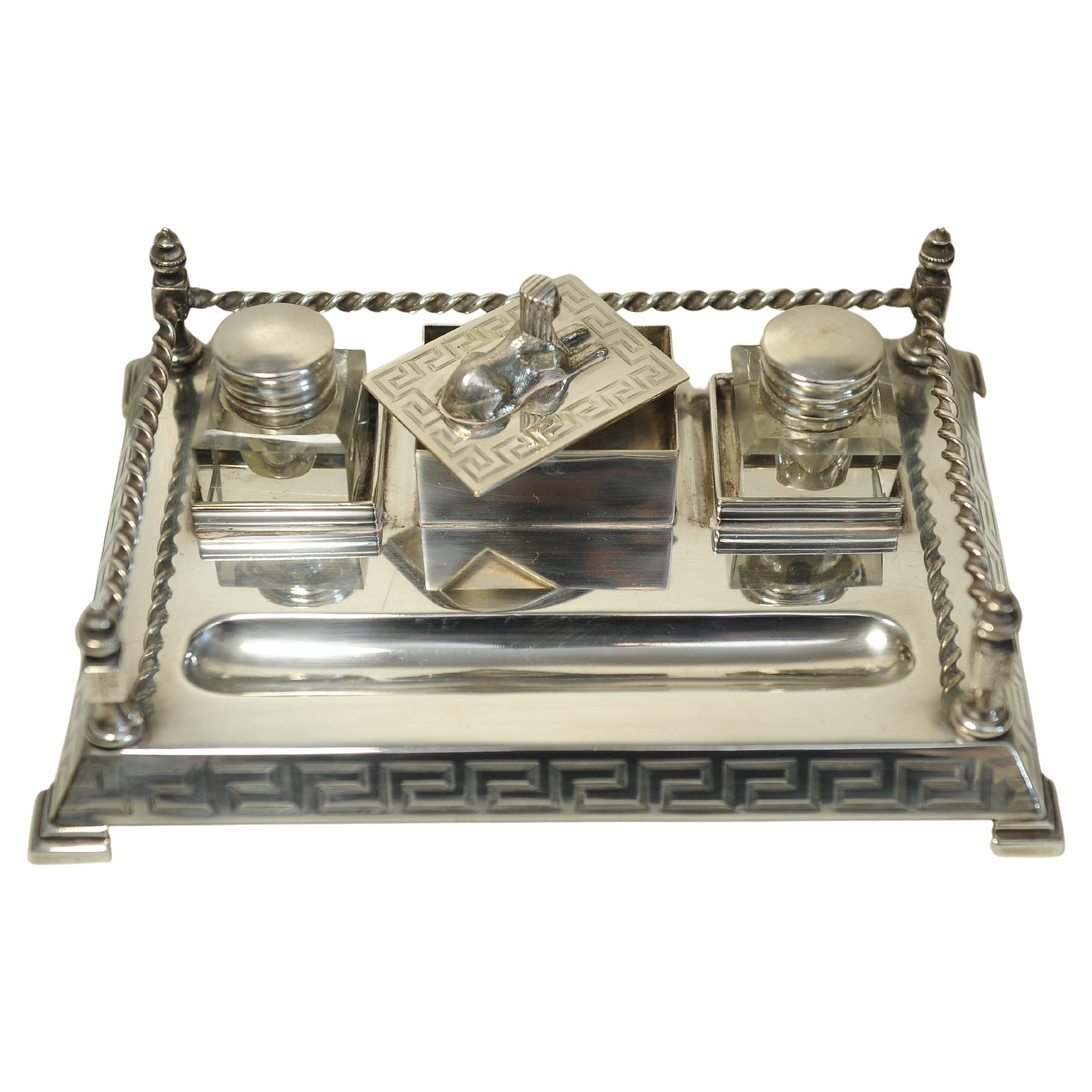 French Art Deco Egyptian Revival Desk Stand, Two Cut Glass Inkwells With A Pen Tray For Sale