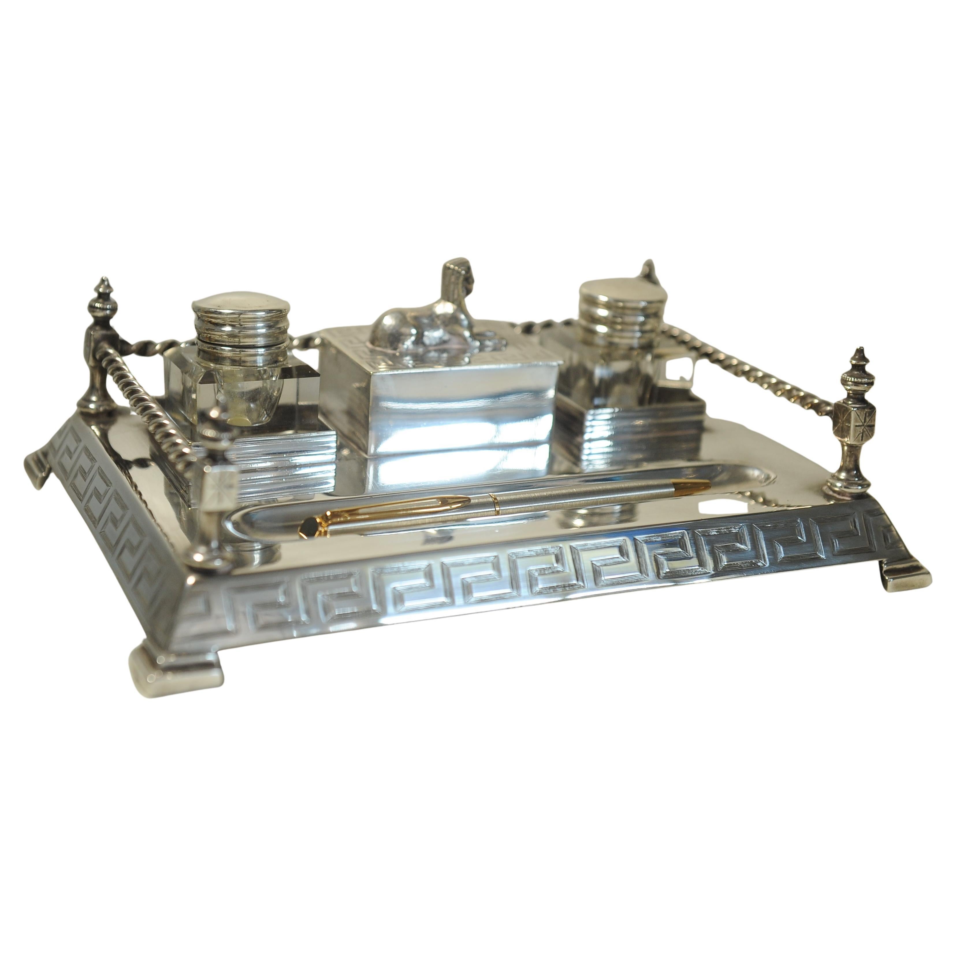Art Deco Egyptian Revival Desk Stand, Two Cut Glass Inkwells With A Pen Tray In Good Condition For Sale In Reading, Berkshire