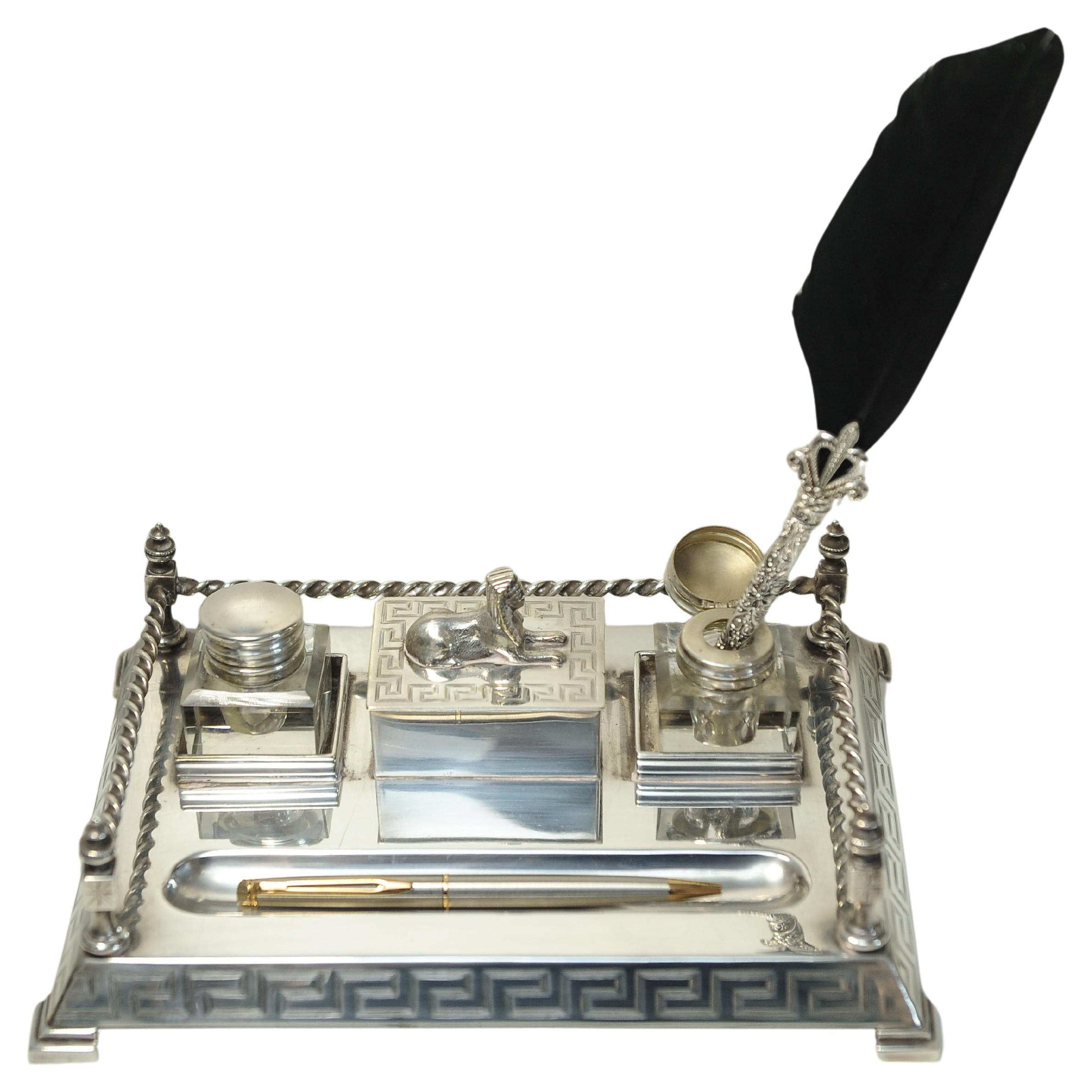 Art Deco Egyptian Revival Desk Stand, Two Cut Glass Inkwells With A Pen Tray For Sale 3