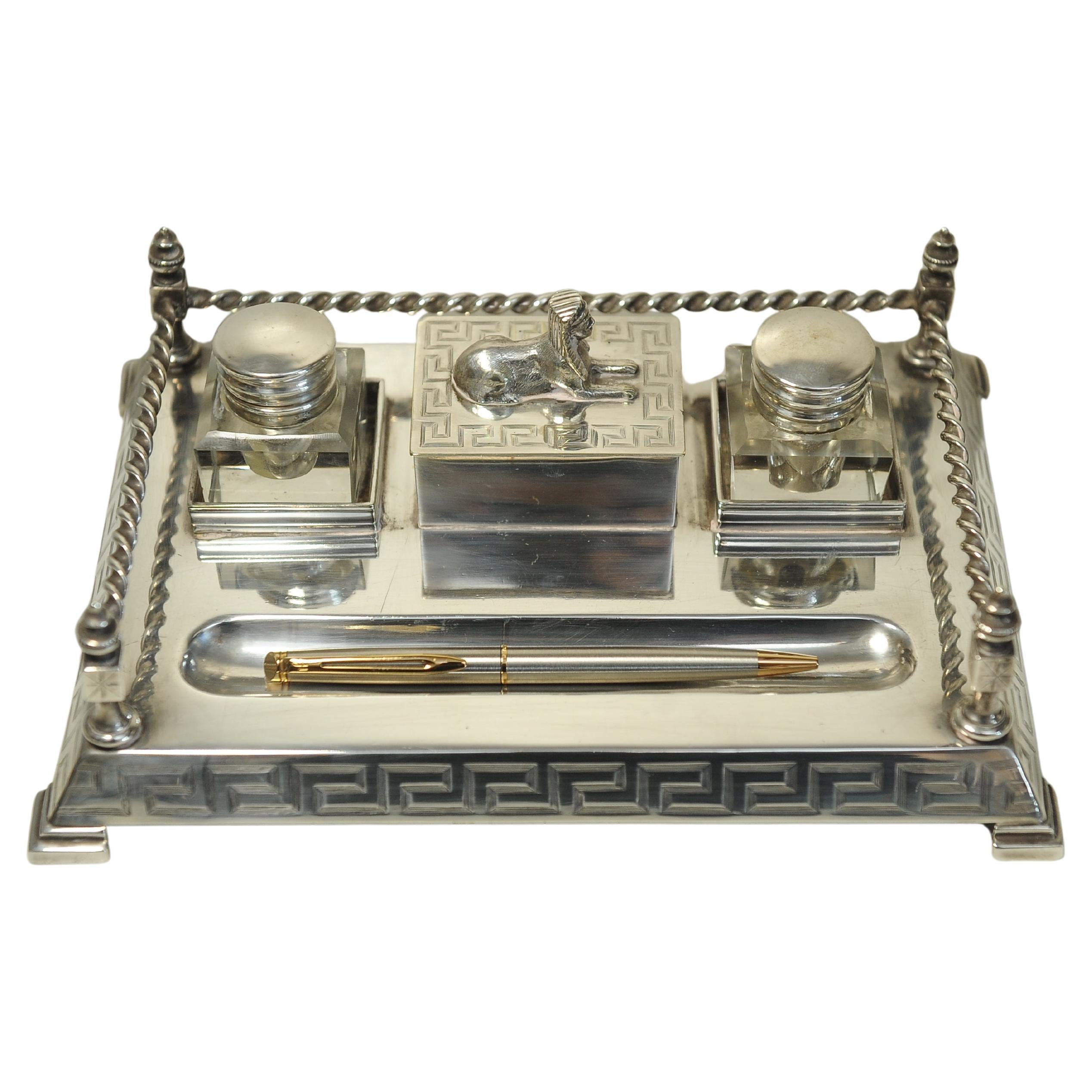 Art Deco Egyptian Revival Desk Stand, Two Cut Glass Inkwells With A Pen Tray