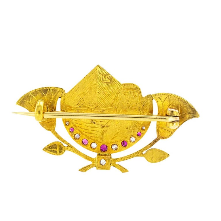 Women's or Men's Art Deco Egyptian Revival Diamond Ruby Enamel Gold Brooch For Sale