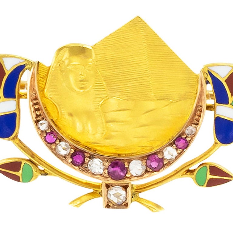 Art Deco Egyptian Revival Diamond Ruby Enamel Gold Brooch For Sale 2