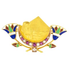 Art Deco Egyptian Revival Diamond Ruby Enamel Gold Brooch