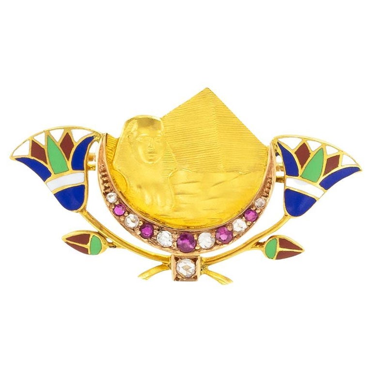 Art Deco Egyptian Revival Diamond Ruby Enamel Gold Brooch For Sale