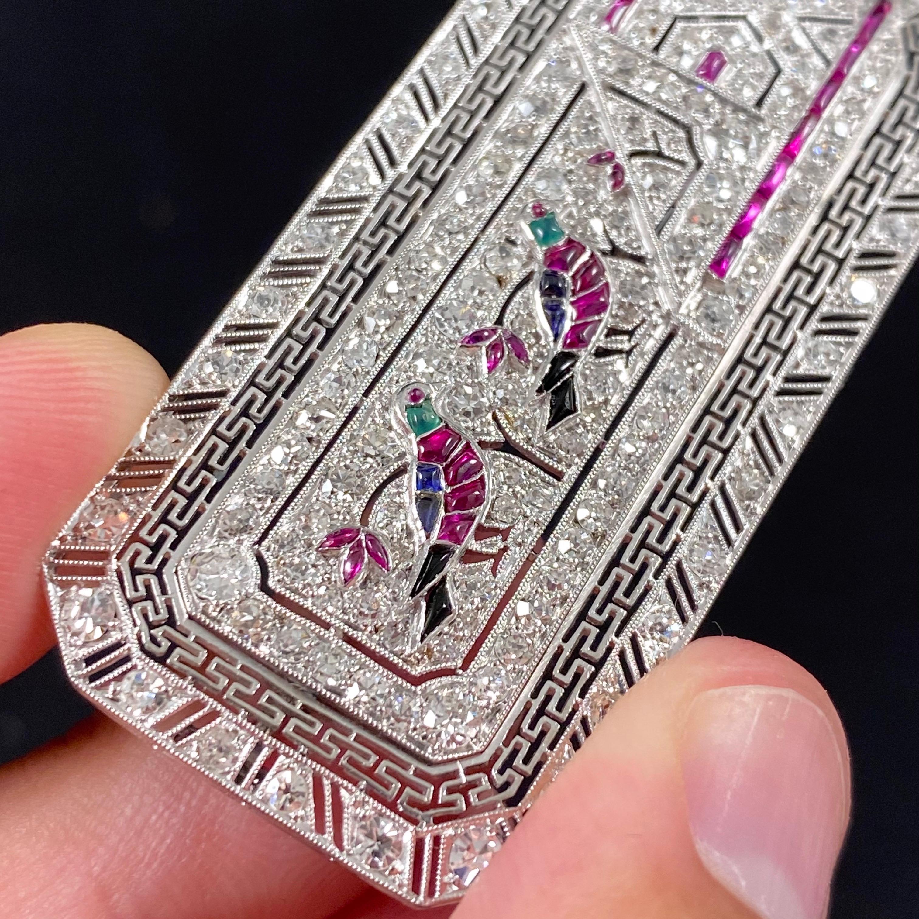 Egyptian Revival Hieroglyphic Bird Diamond Ruby Sapphire Emerald Onyx Brooch In Good Condition In Lisbon, PT
