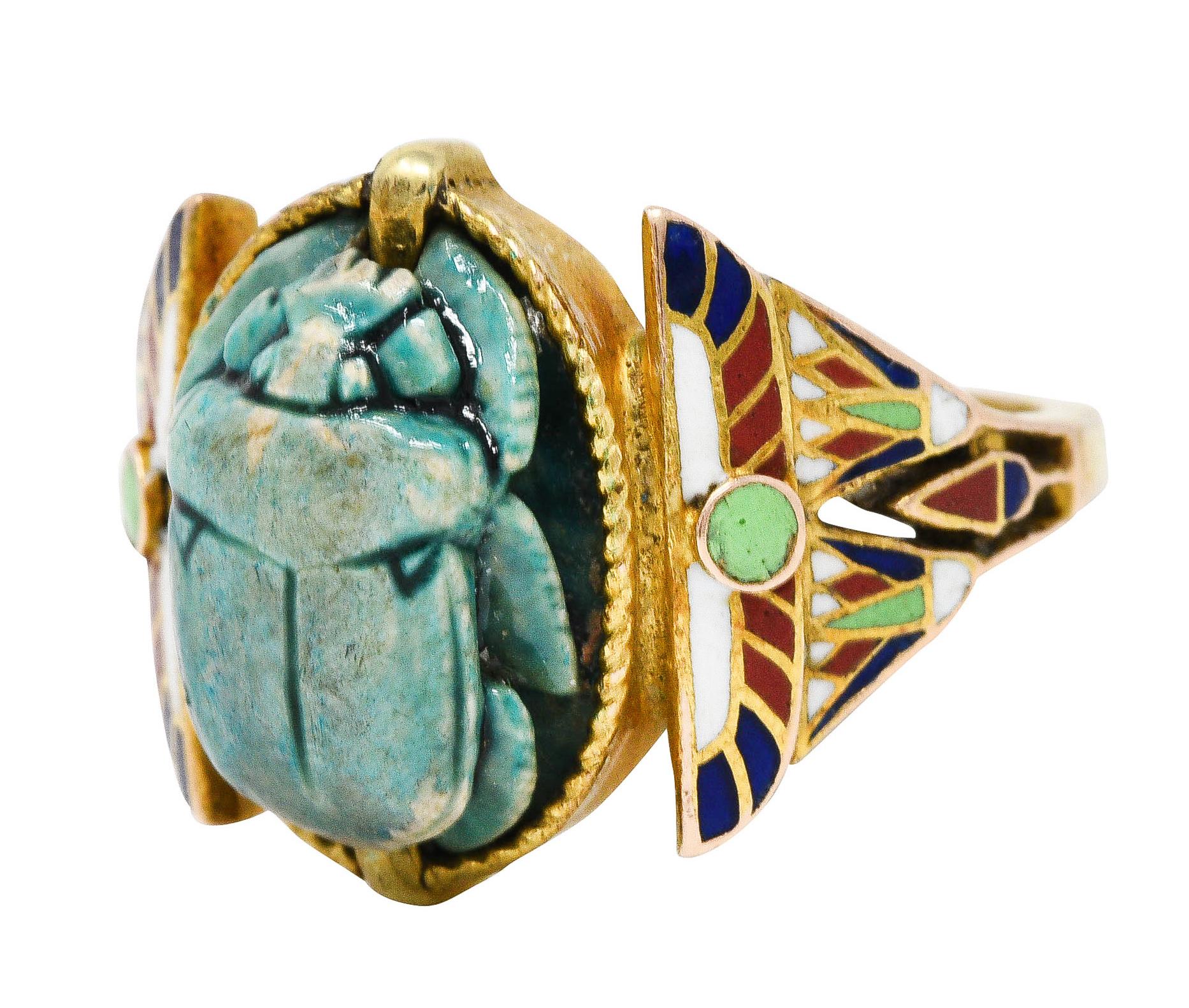 Art Deco Egyptian Revival Enamel Hardstone 14 Karat Gold Scarab Ring In Excellent Condition In Philadelphia, PA