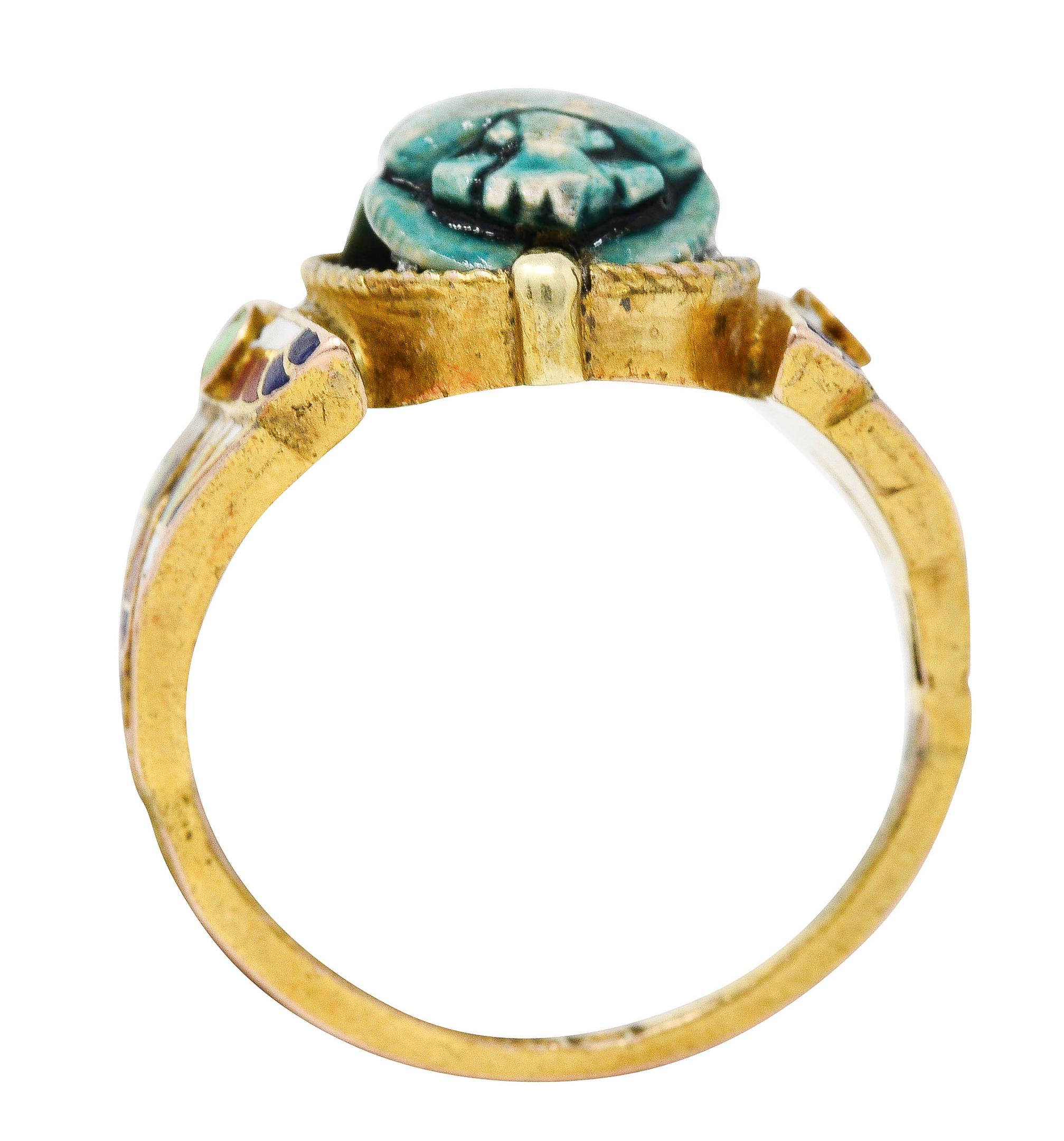 Art Deco Egyptian Revival Enamel Hardstone 14 Karat Gold Scarab Ring 1