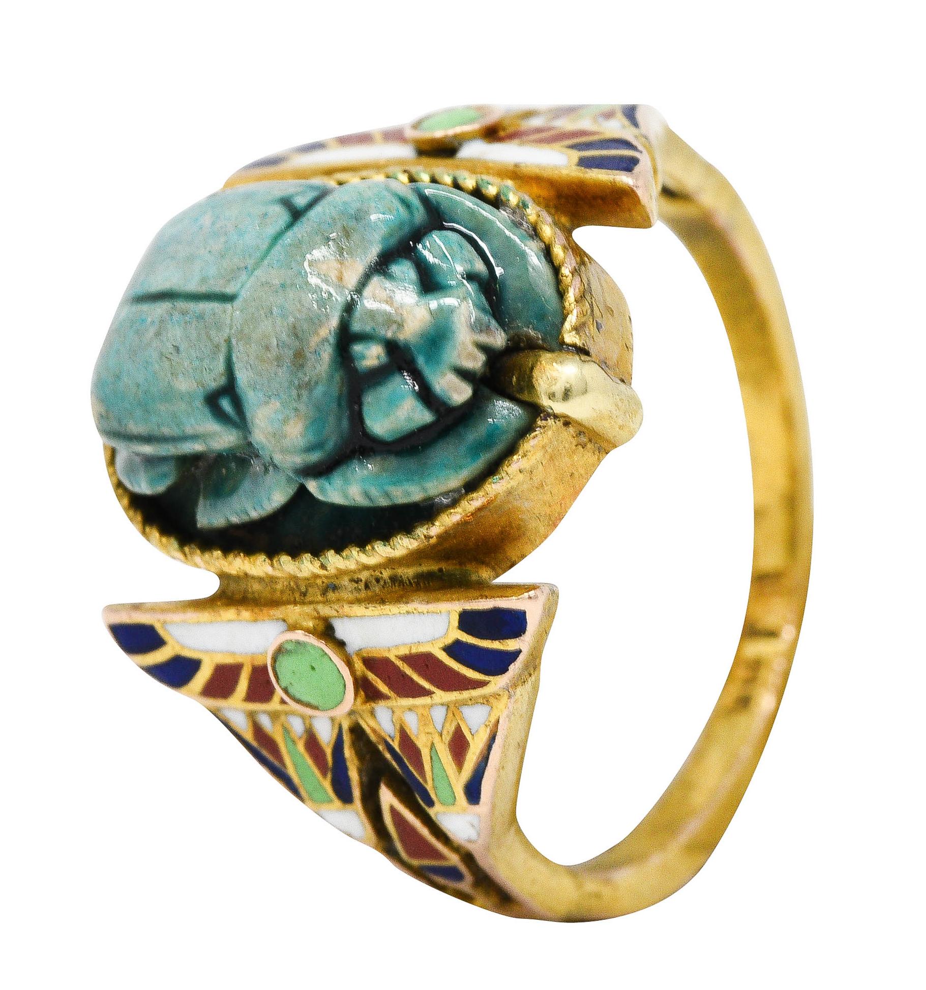 Art Deco Egyptian Revival Enamel Hardstone 14 Karat Gold Scarab Ring 2
