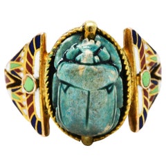 Antique Art Deco Egyptian Revival Enamel Hardstone 14 Karat Gold Scarab Ring