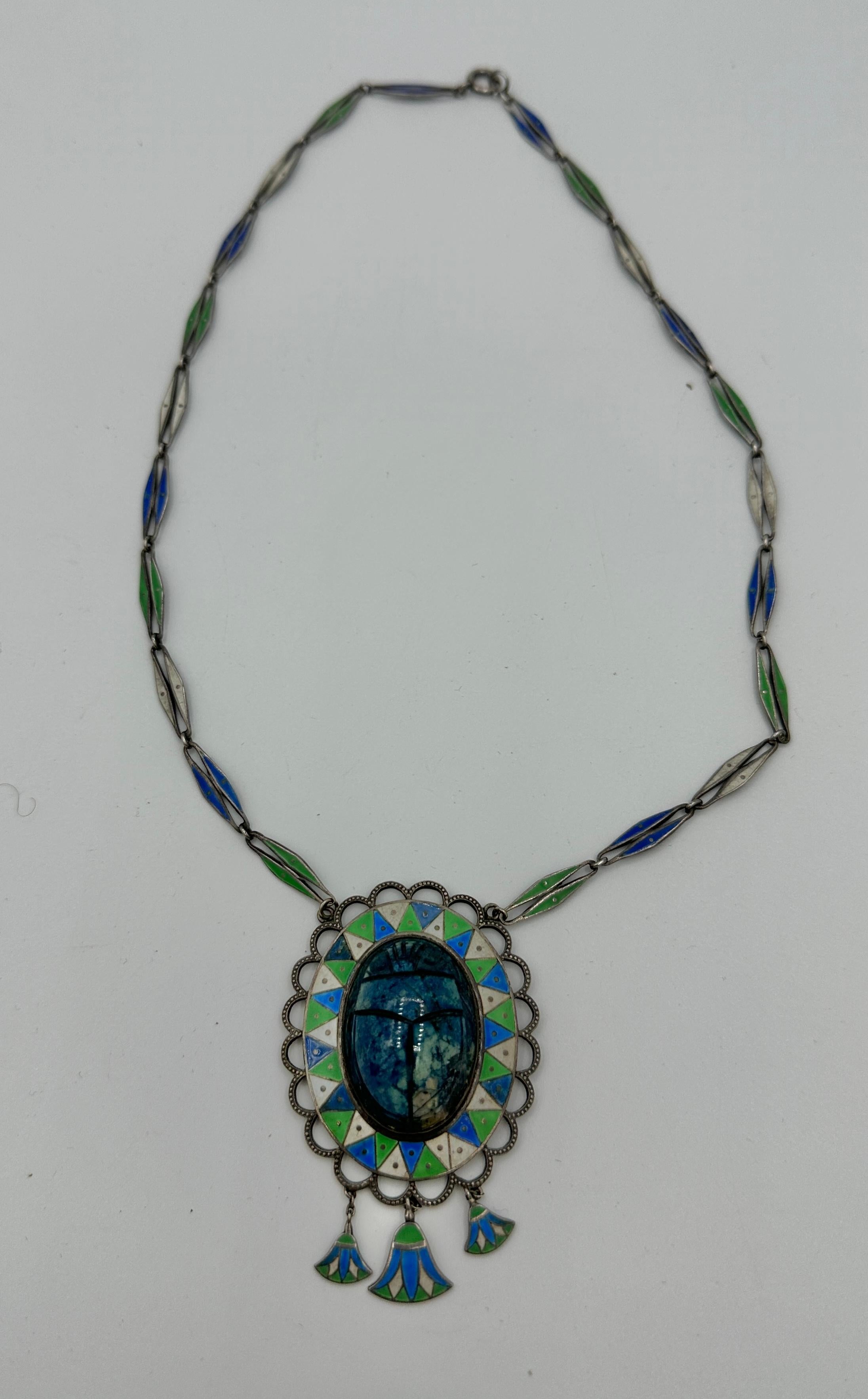 Art Deco Egyptian Revival Enamel Sodalite Scarab Pendant Necklace Lotus Flower For Sale 6