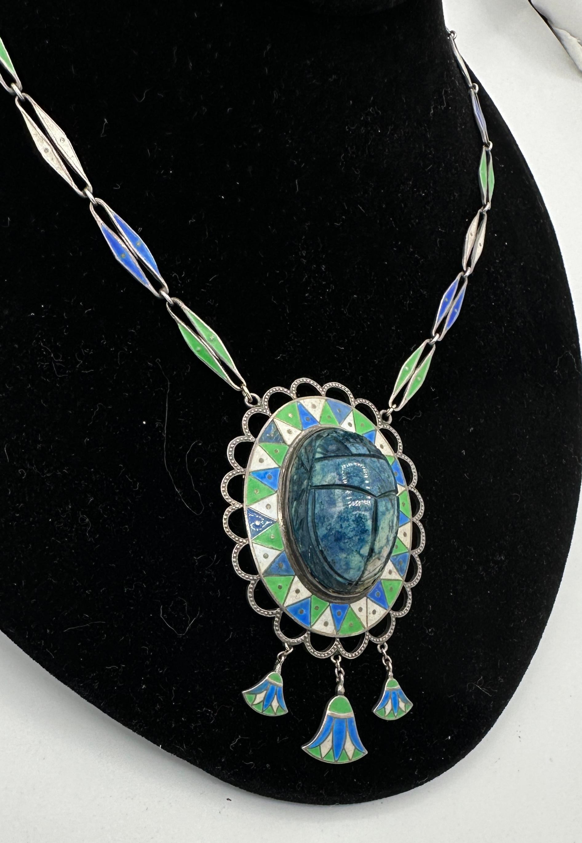 Art Deco Egyptian Revival Enamel Sodalite Scarab Pendant Necklace Lotus Flower For Sale 7