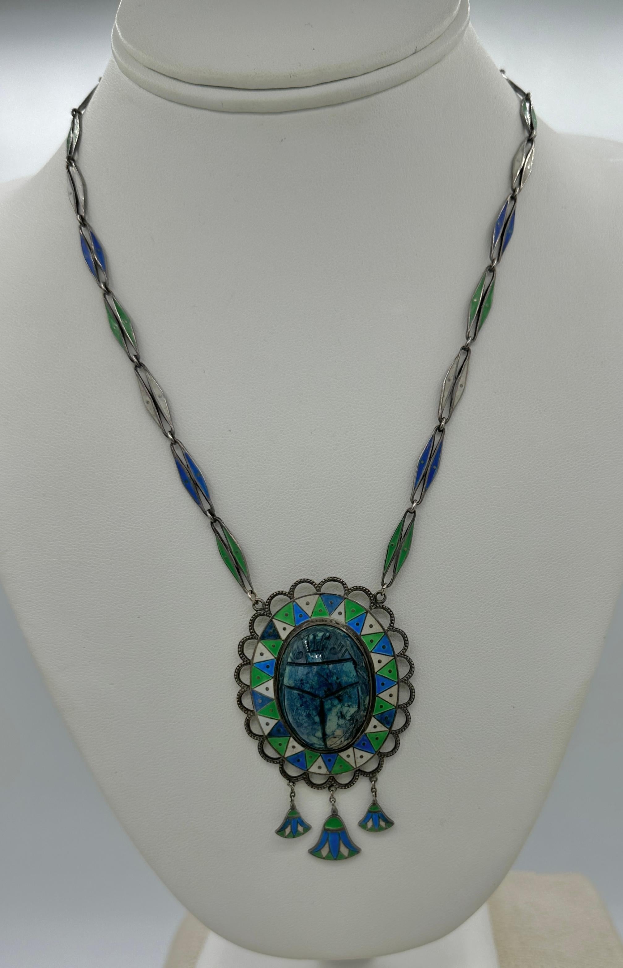 Art Deco Egyptian Revival Enamel Sodalite Scarab Pendant Necklace Lotus Flower For Sale 8