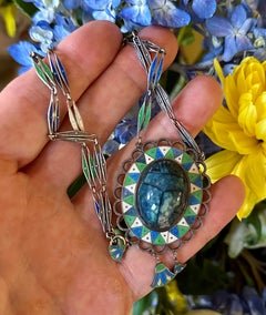 Art Deco Egyptian Revival Enamel Sodalite Scarab Pendant Necklace Lotus Flower