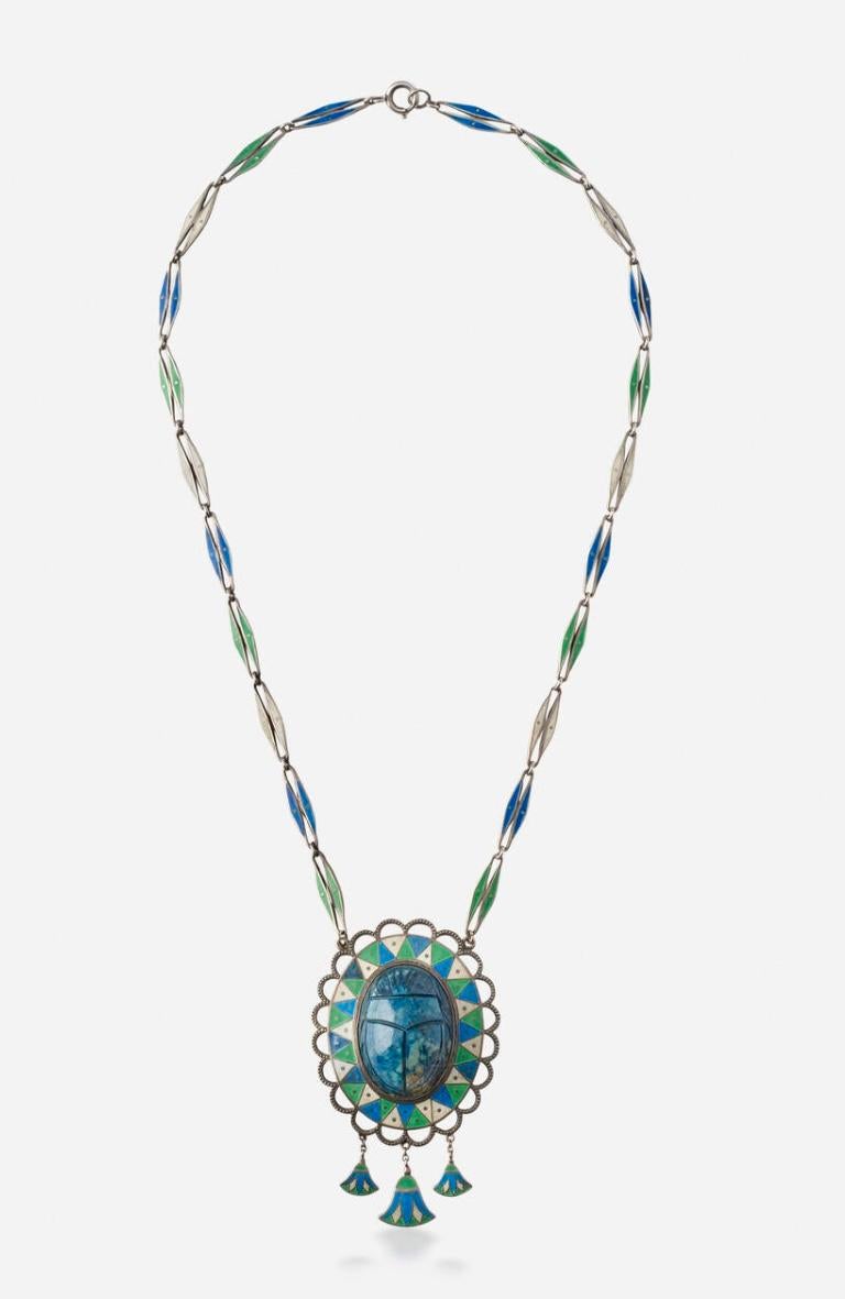 Women's or Men's Art Deco Egyptian Revival Enamel Sodalite Scarab Pendant Necklace Lotus Flower For Sale