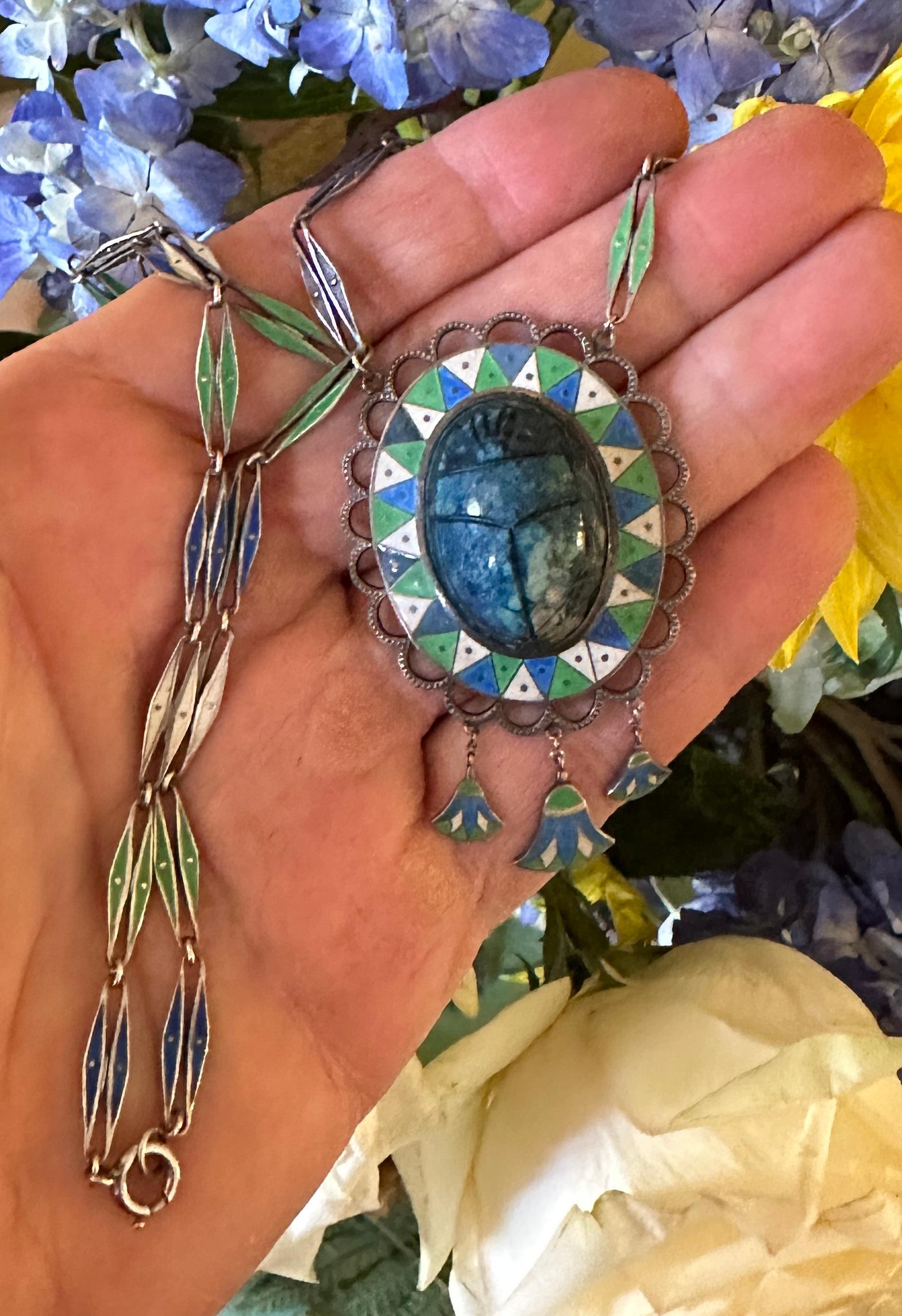 Art Deco Egyptian Revival Enamel Sodalite Scarab Pendant Necklace Lotus Flower For Sale 5