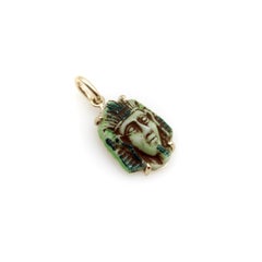 Art Deco Egyptian Revival Faience Pharaoh in 14k Gold Mount Pendant / Charm