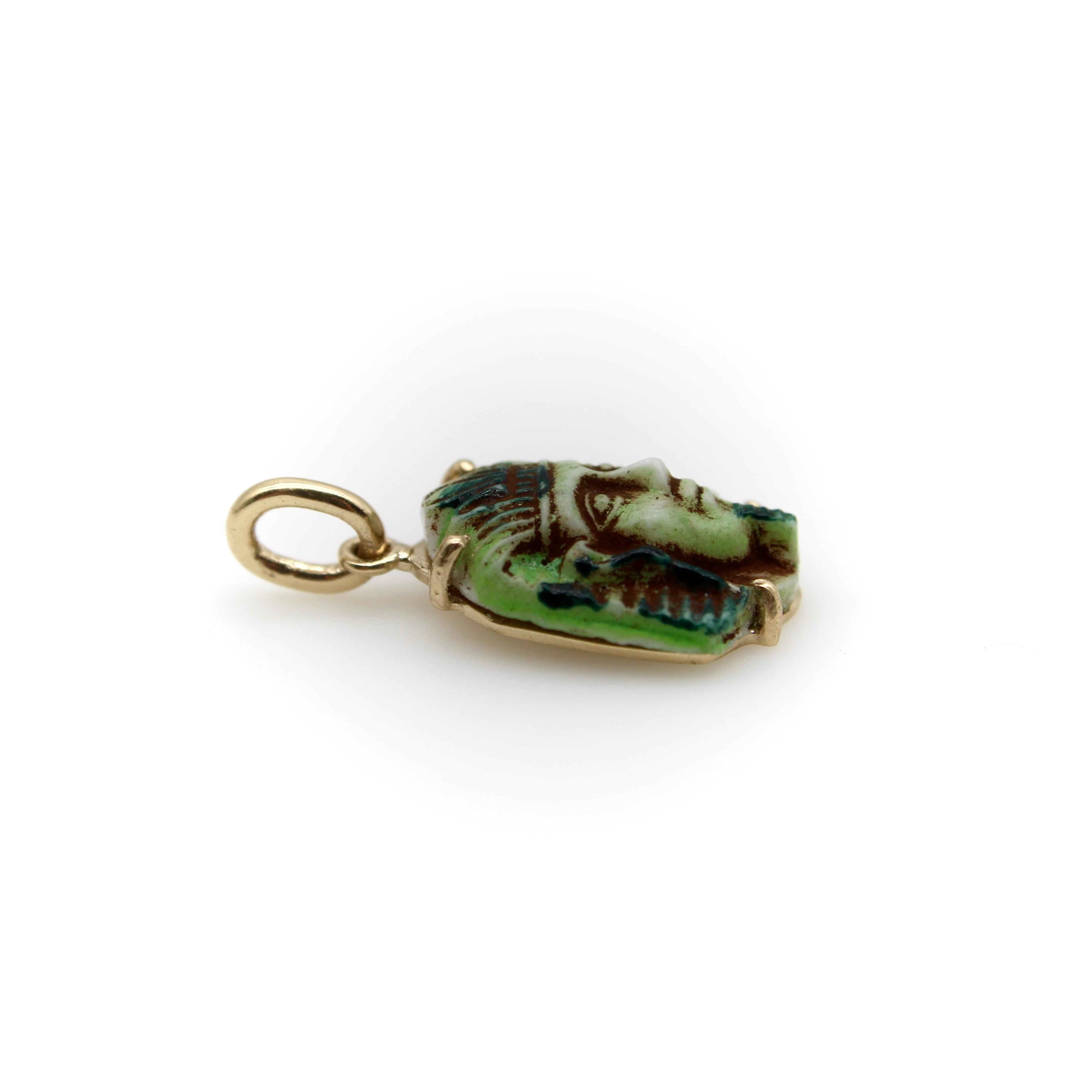 Art Deco Egyptian Revival Faience Pharaoh in 14k Gold Mount Pendant / Charm In New Condition For Sale In Venice, CA