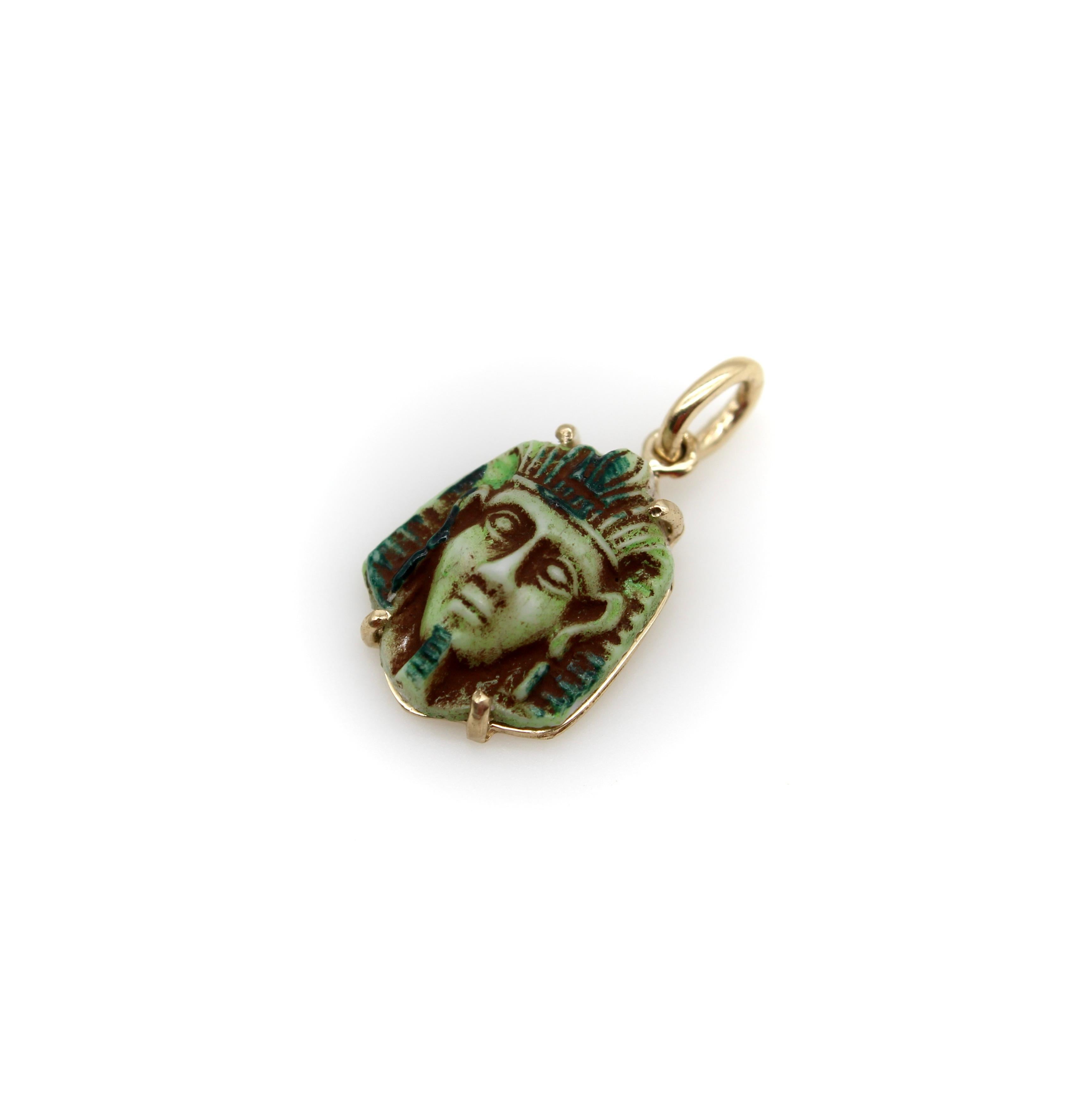 Men's Art Deco Egyptian Revival Faience Pharaoh in 14k Gold Mount Pendant / Charm For Sale