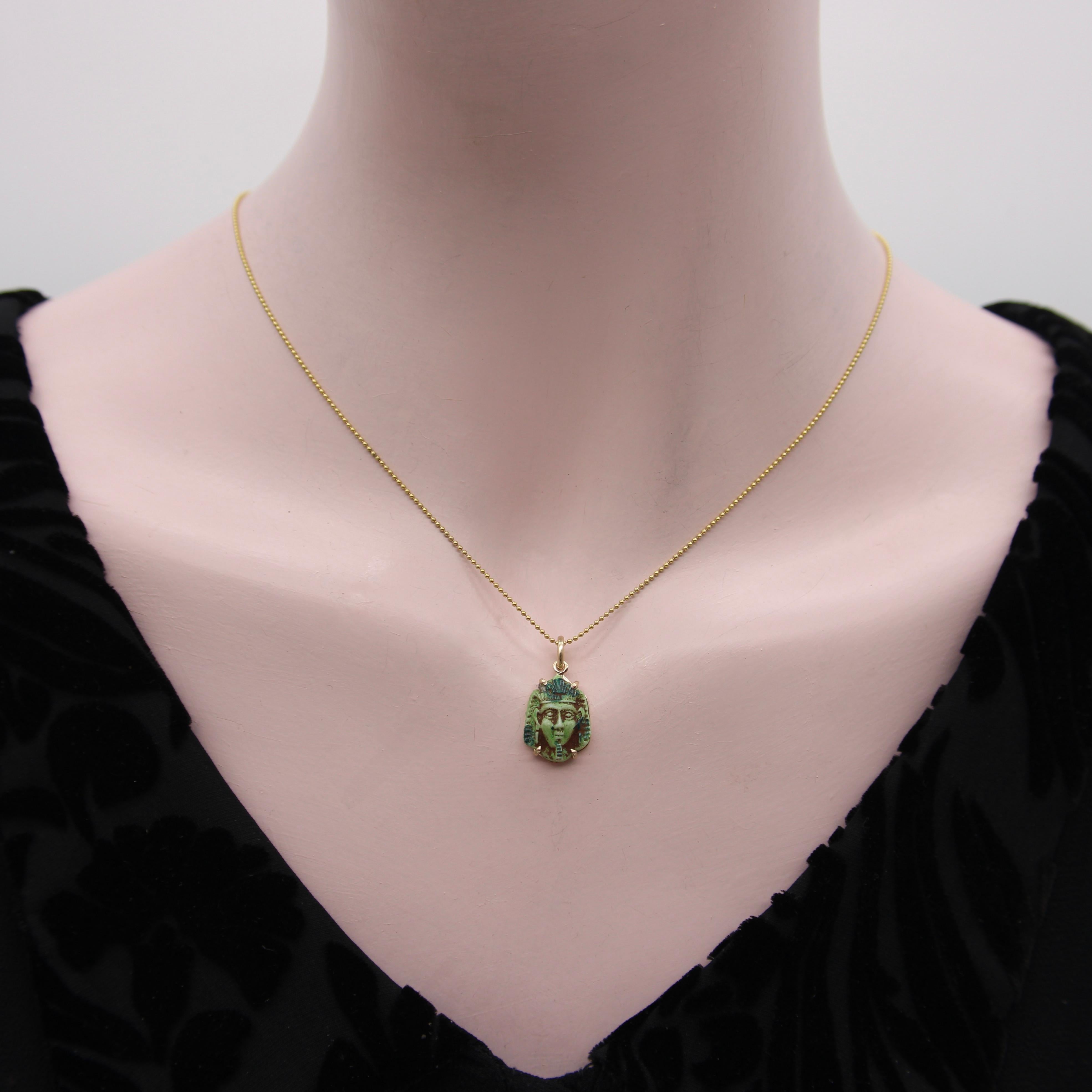 Art Deco Egyptian Revival Faience Pharaoh in 14k Gold Mount Pendant / Charm For Sale 2