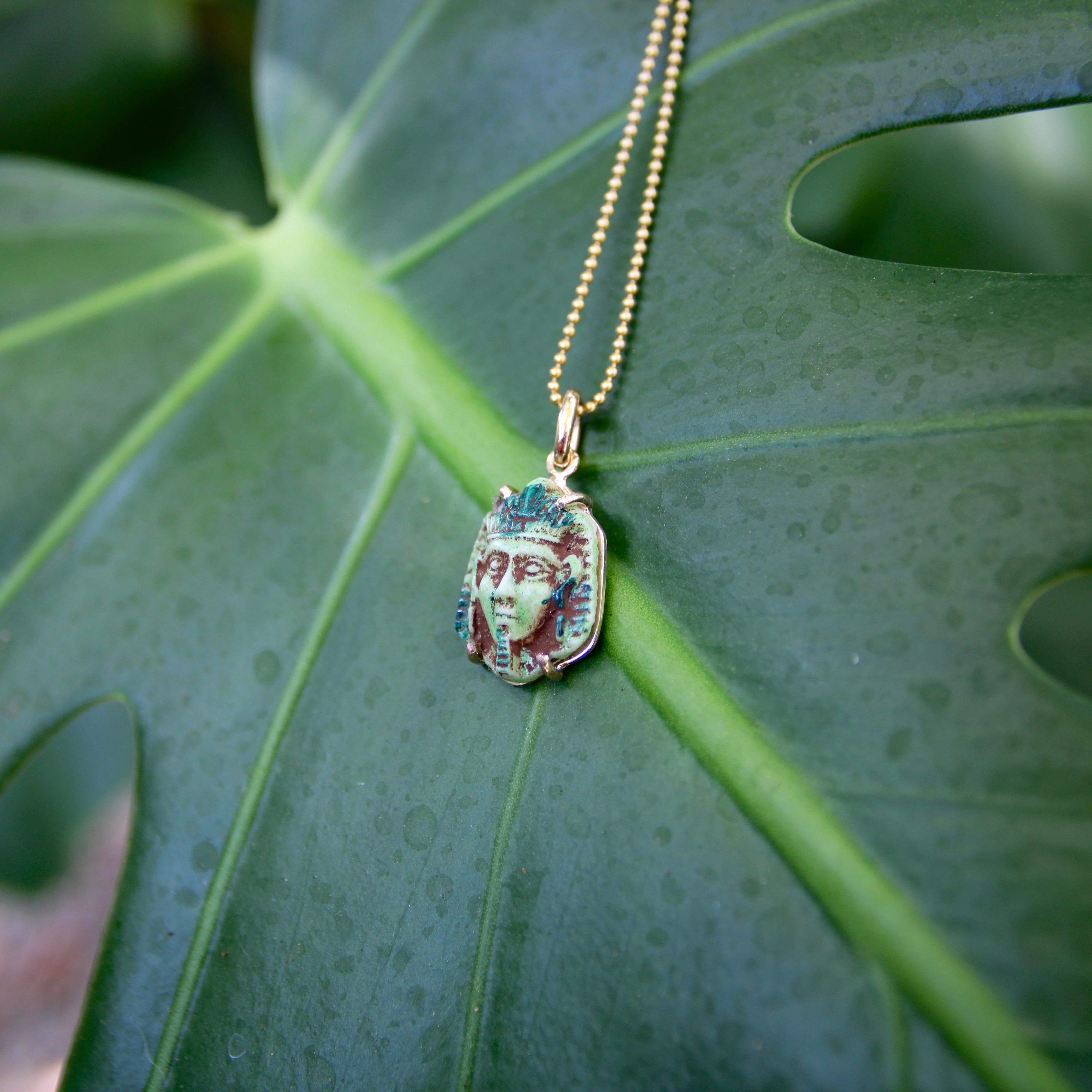 Art Deco Egyptian Revival Faience Pharaoh in 14k Gold Mount Pendant / Charm For Sale 3