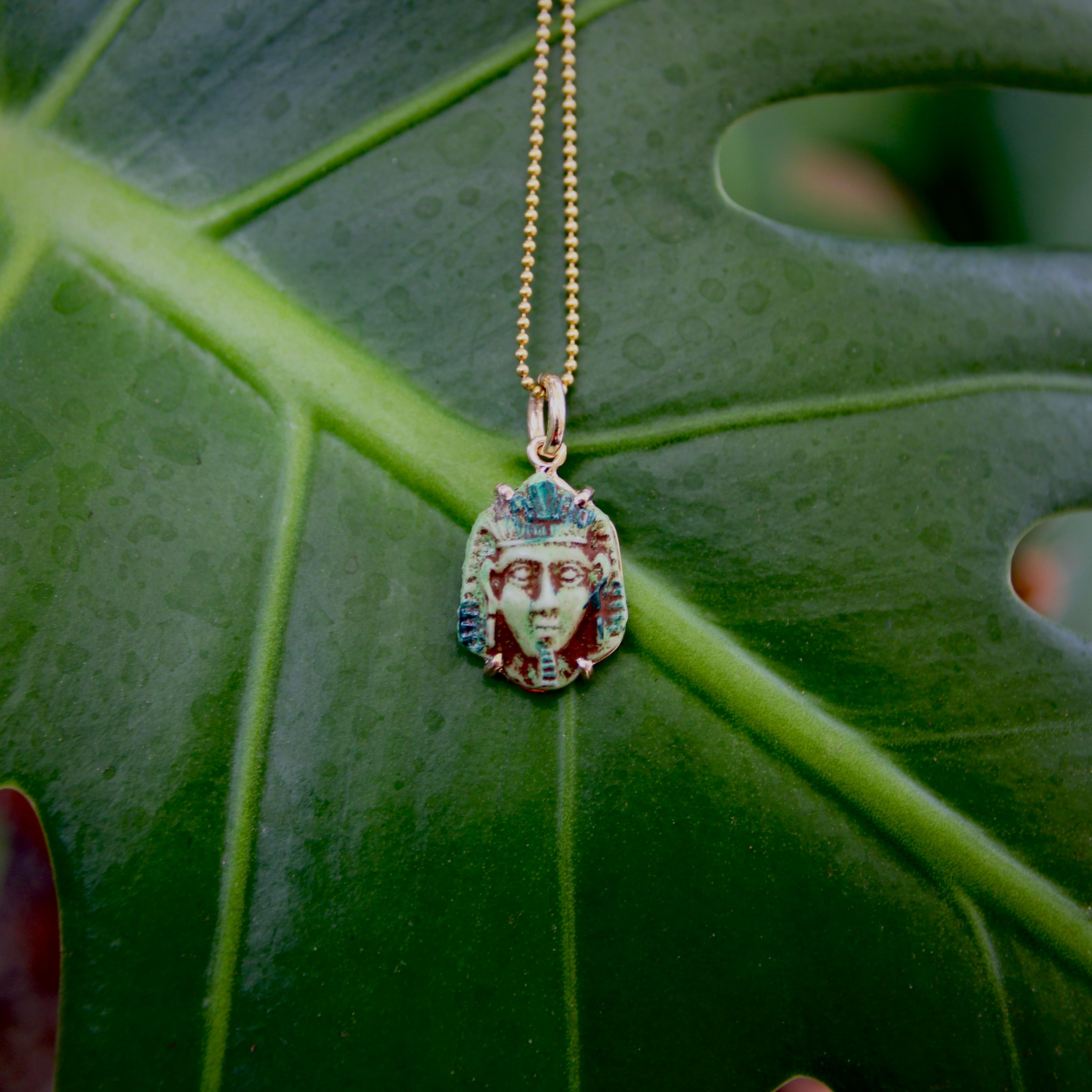 Art Deco Egyptian Revival Faience Pharaoh in 14k Gold Mount Pendant / Charm For Sale 4