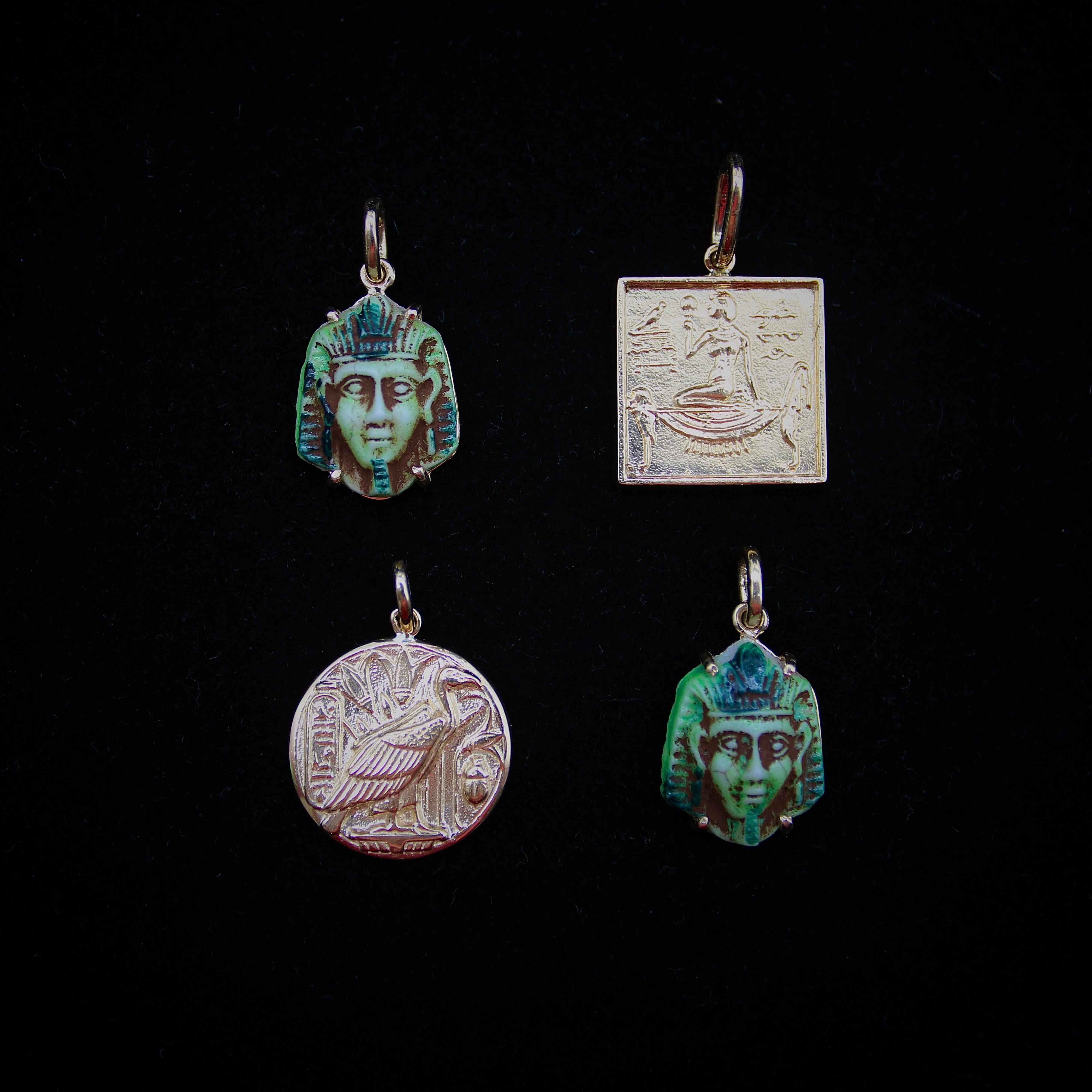 Art Deco Egyptian Revival Faience Pharaoh in 14k Gold Mount Pendant / Charm For Sale 5