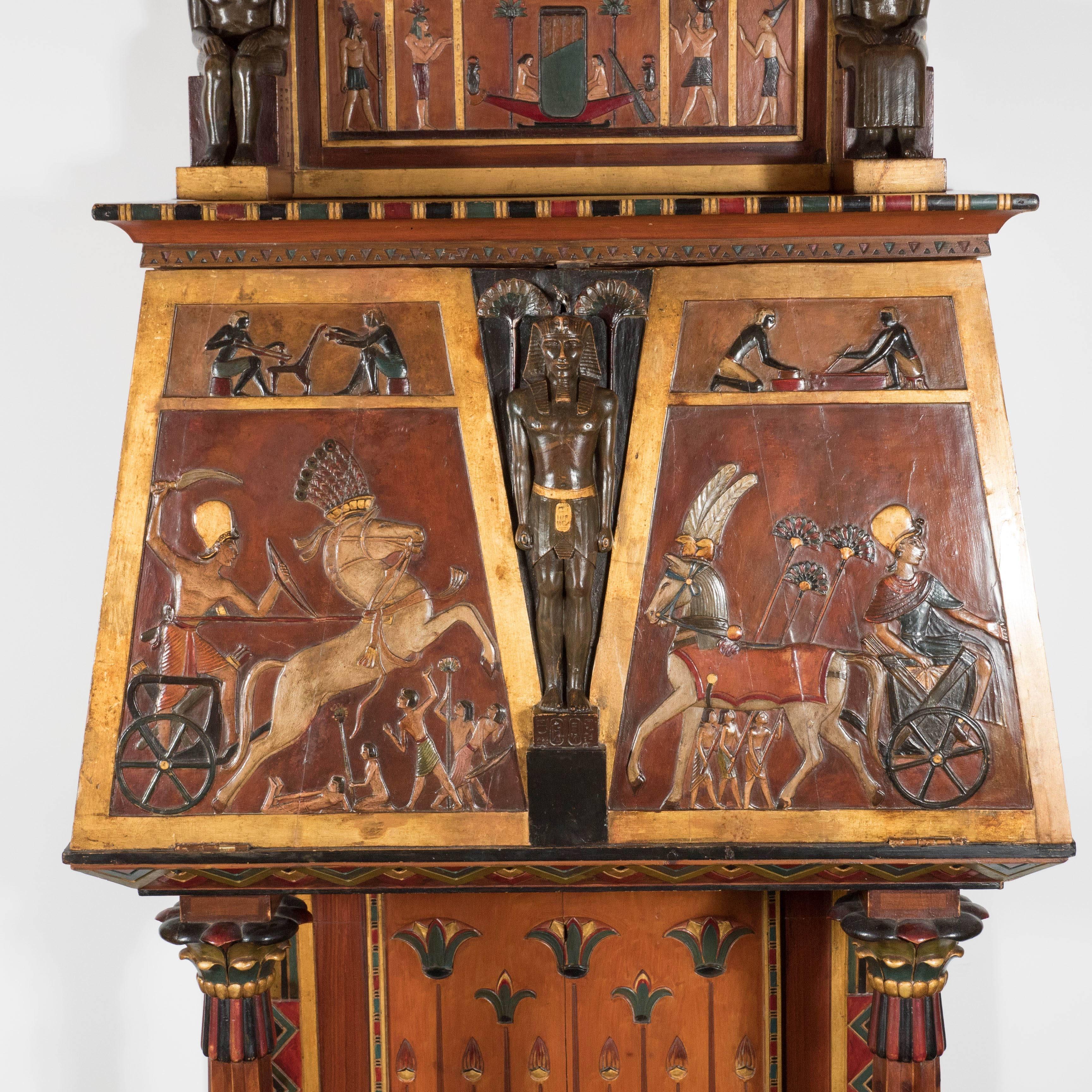 American Art Deco Egyptian Revival Hand Carved & Painted Secrétaire with Gilded Detailing