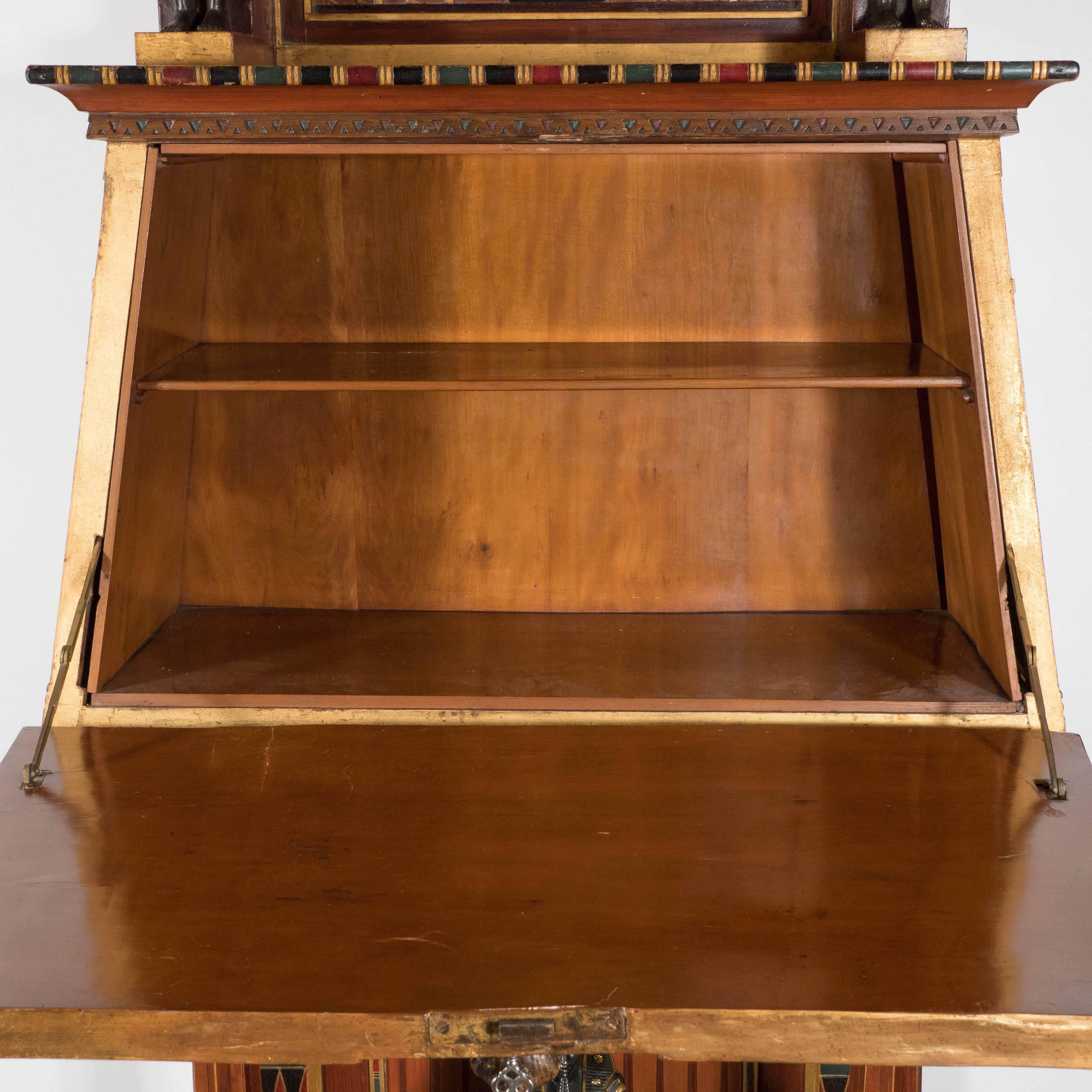 Early 20th Century Art Deco Egyptian Revival Hand Carved & Painted Secrétaire with Gilded Detailing