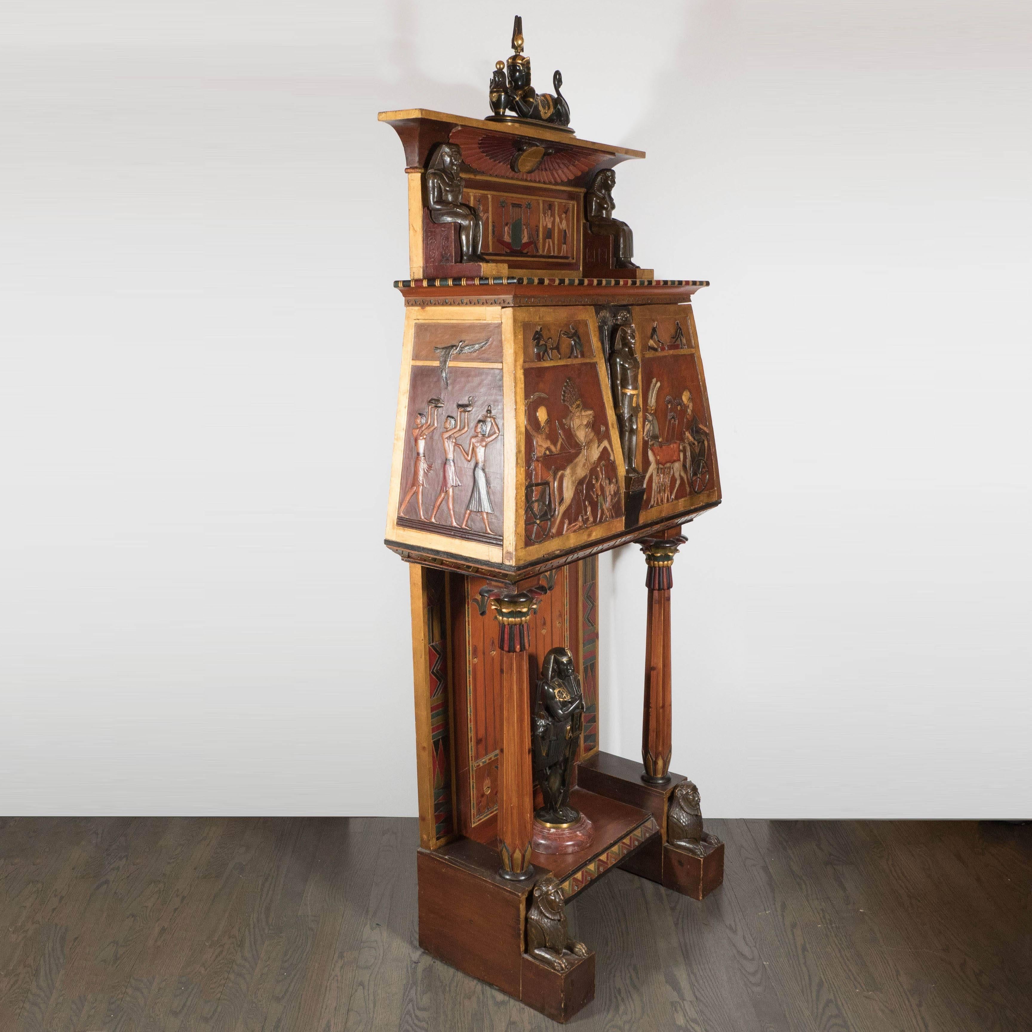 Bronze Art Deco Egyptian Revival Hand Carved & Painted Secrétaire with Gilded Detailing