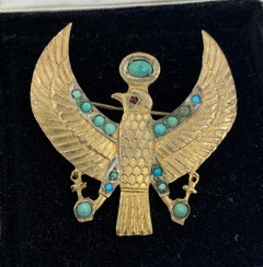 Art Deco Egyptian Revival Horus Falcon Brooch Pendant Necklace Turquoise Garnet