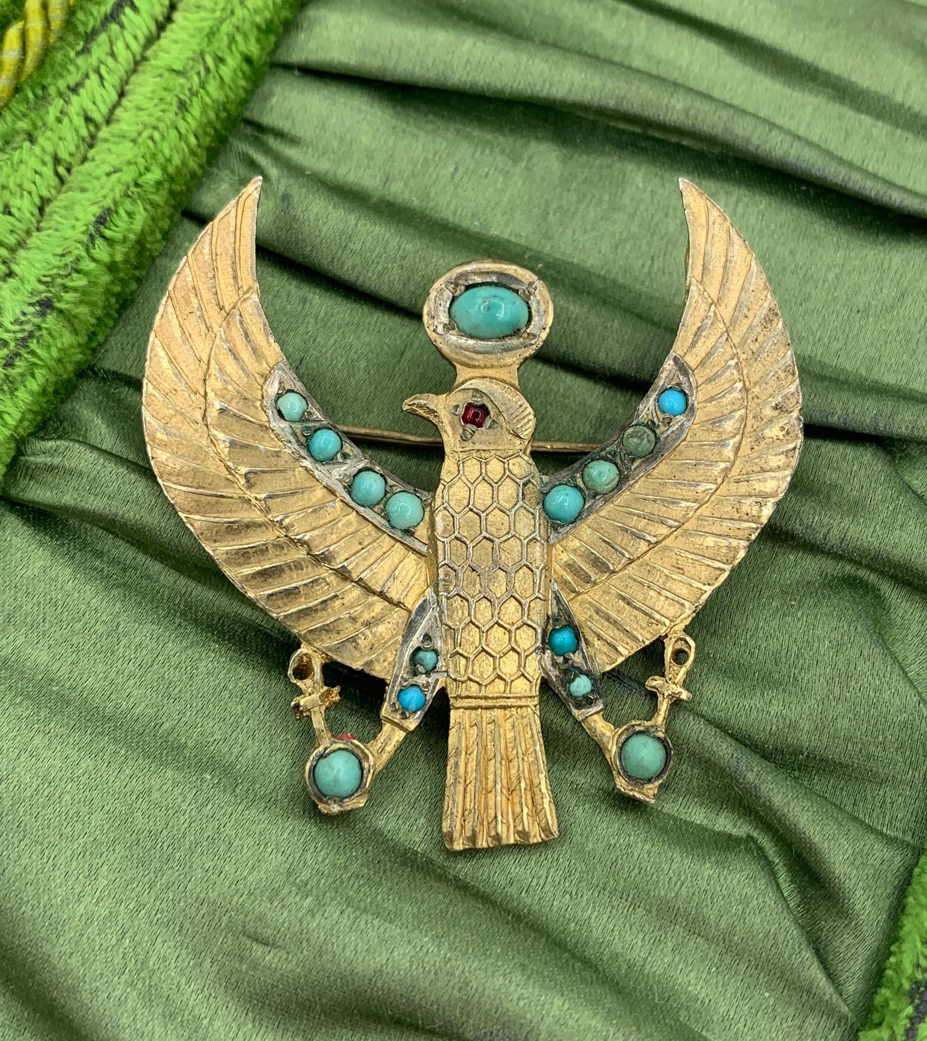 Cabochon Art Deco Egyptian Revival Horus Falcon Brooch Pendant Necklace Turquoise Garnet