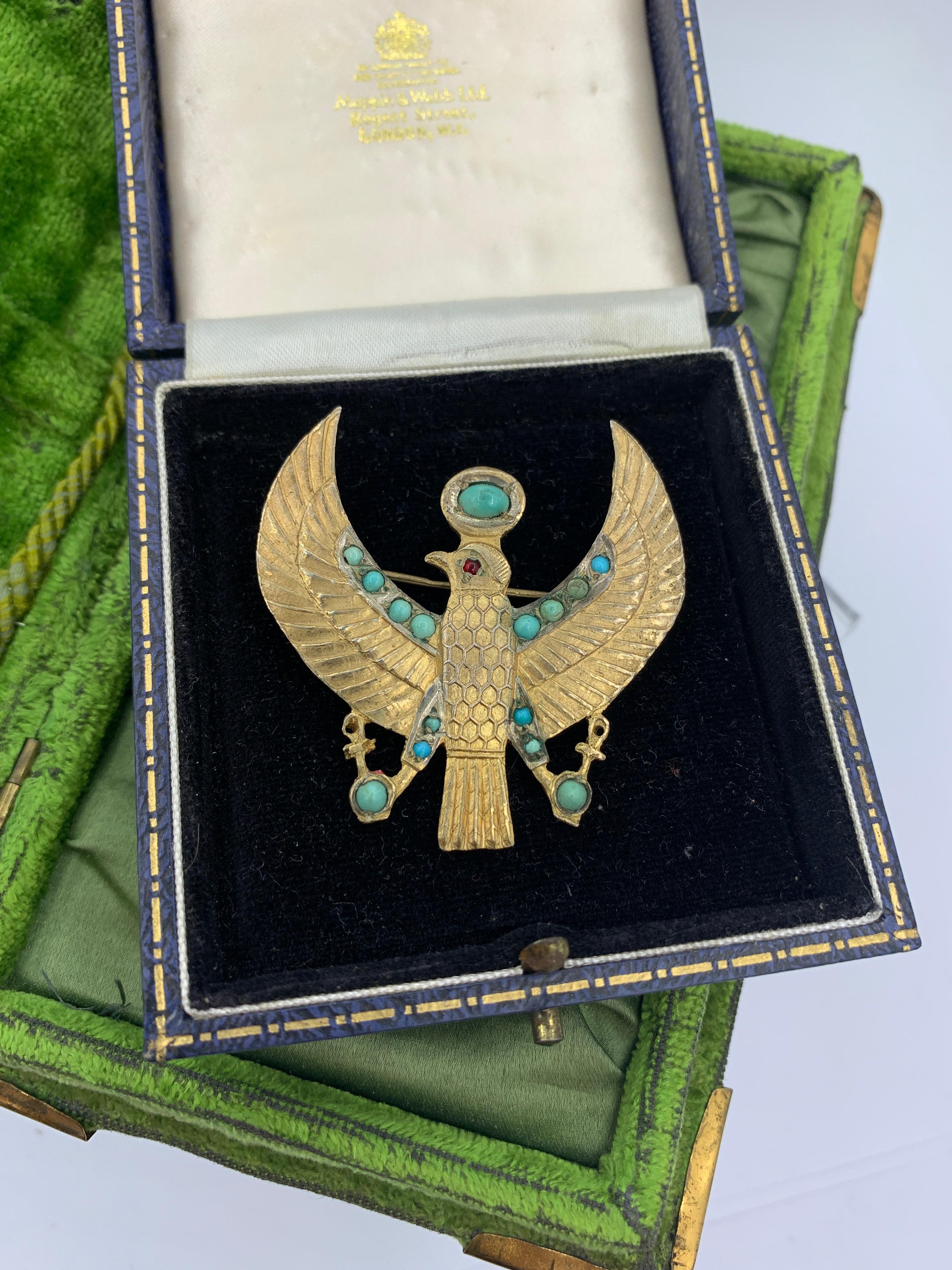 Women's or Men's Art Deco Egyptian Revival Horus Falcon Brooch Pendant Necklace Turquoise Garnet