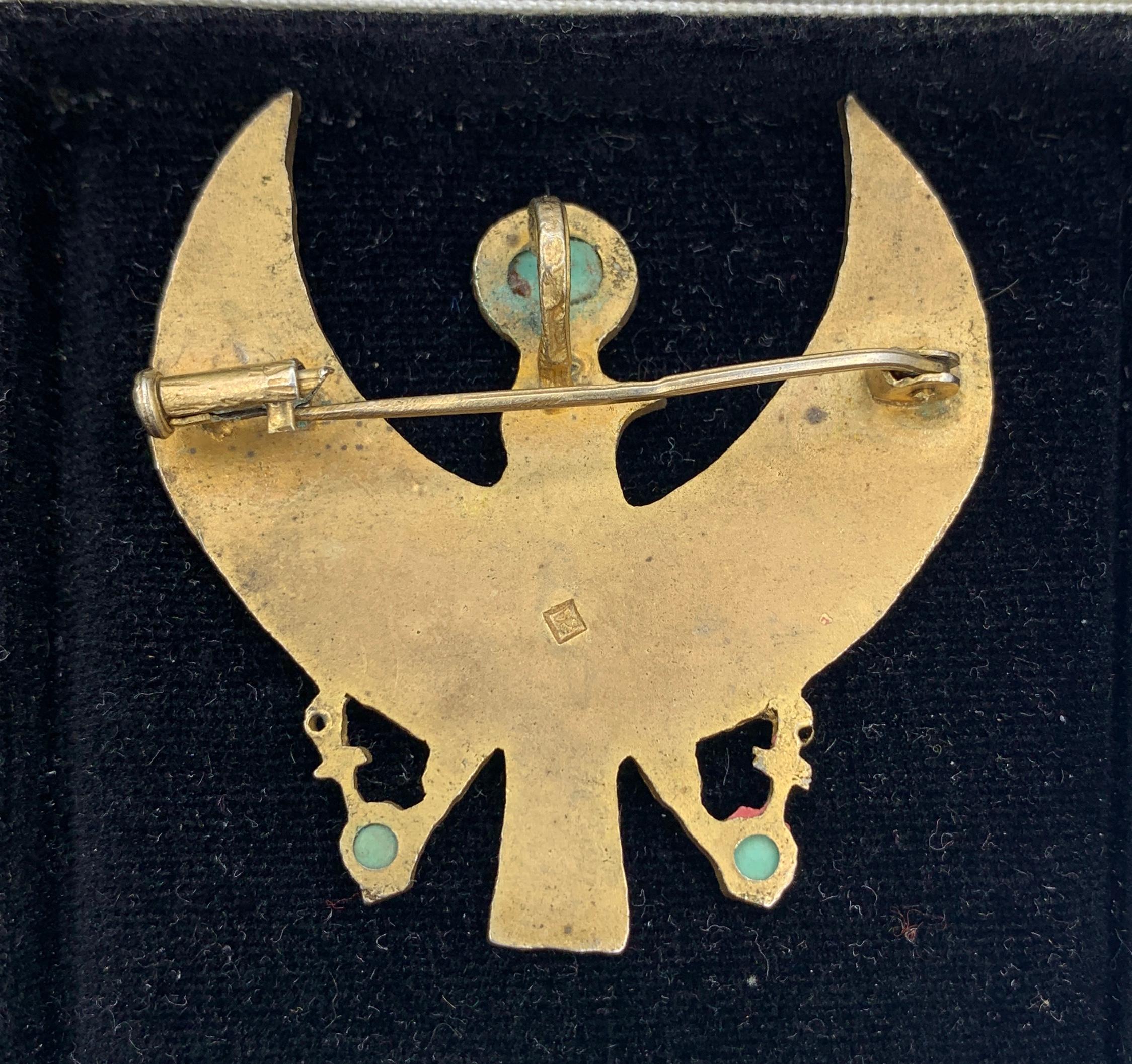 Art Deco Egyptian Revival Horus Falcon Brooch Pendant Necklace Turquoise Garnet 1